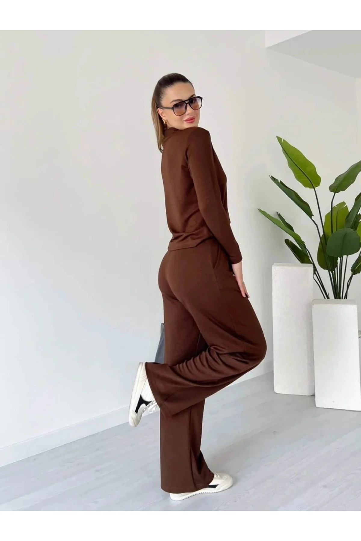 Polo yaka alt üst kollu modal takım kahve pt