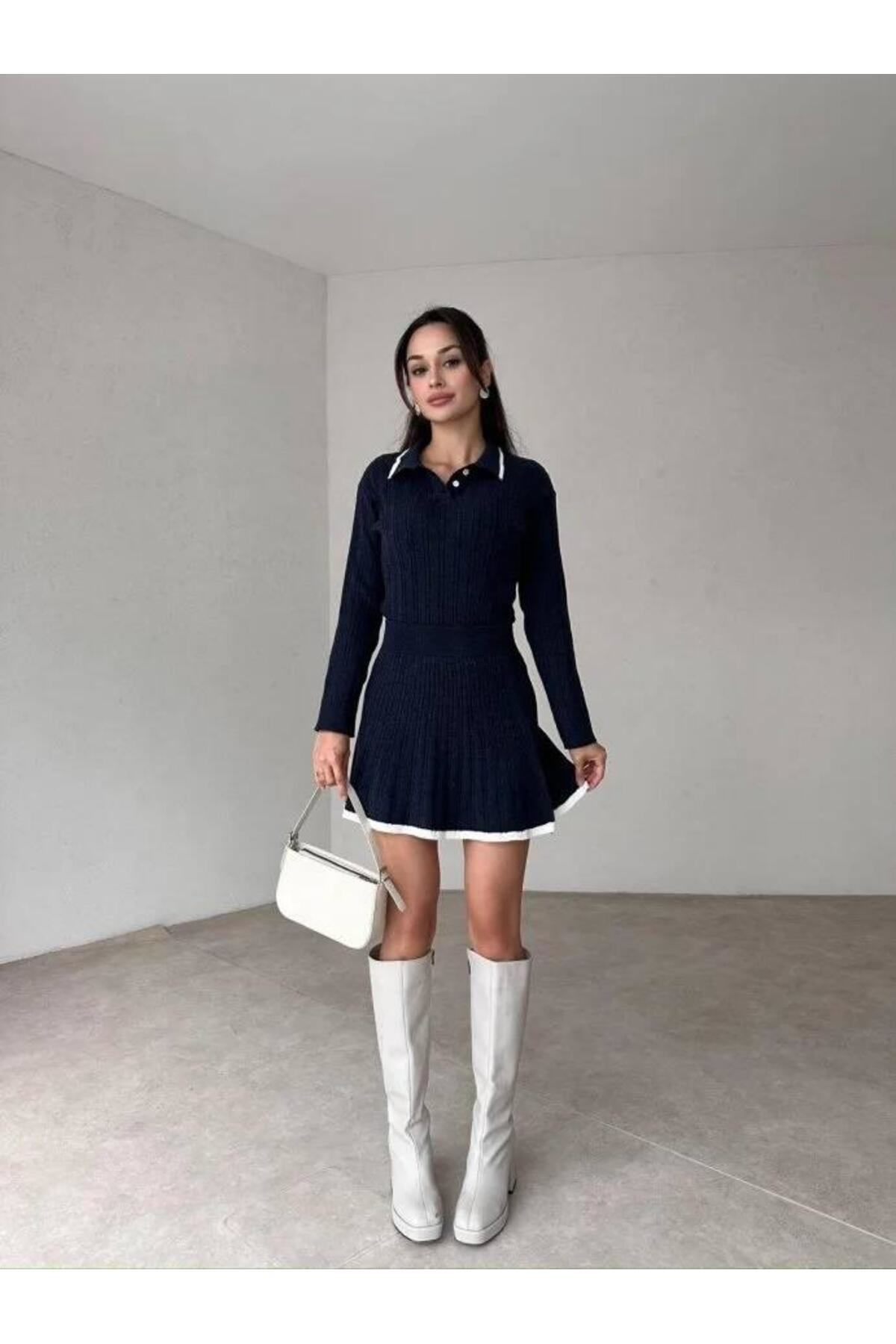 Nzl Tekstil Polo Yaka Çizgi Detayli Saç Örgülü Etekli Triko Takim