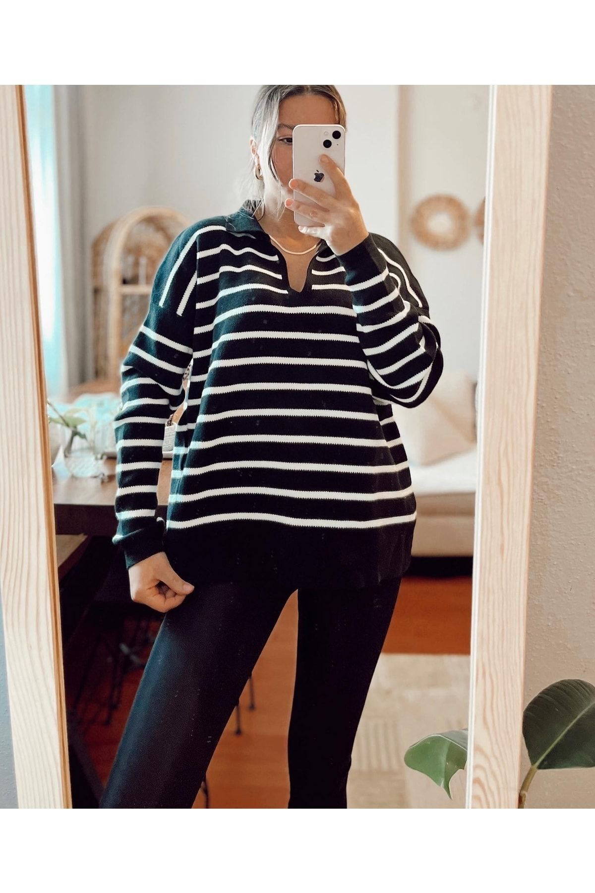 Polo Yaka Çizgili Kazak Siyah