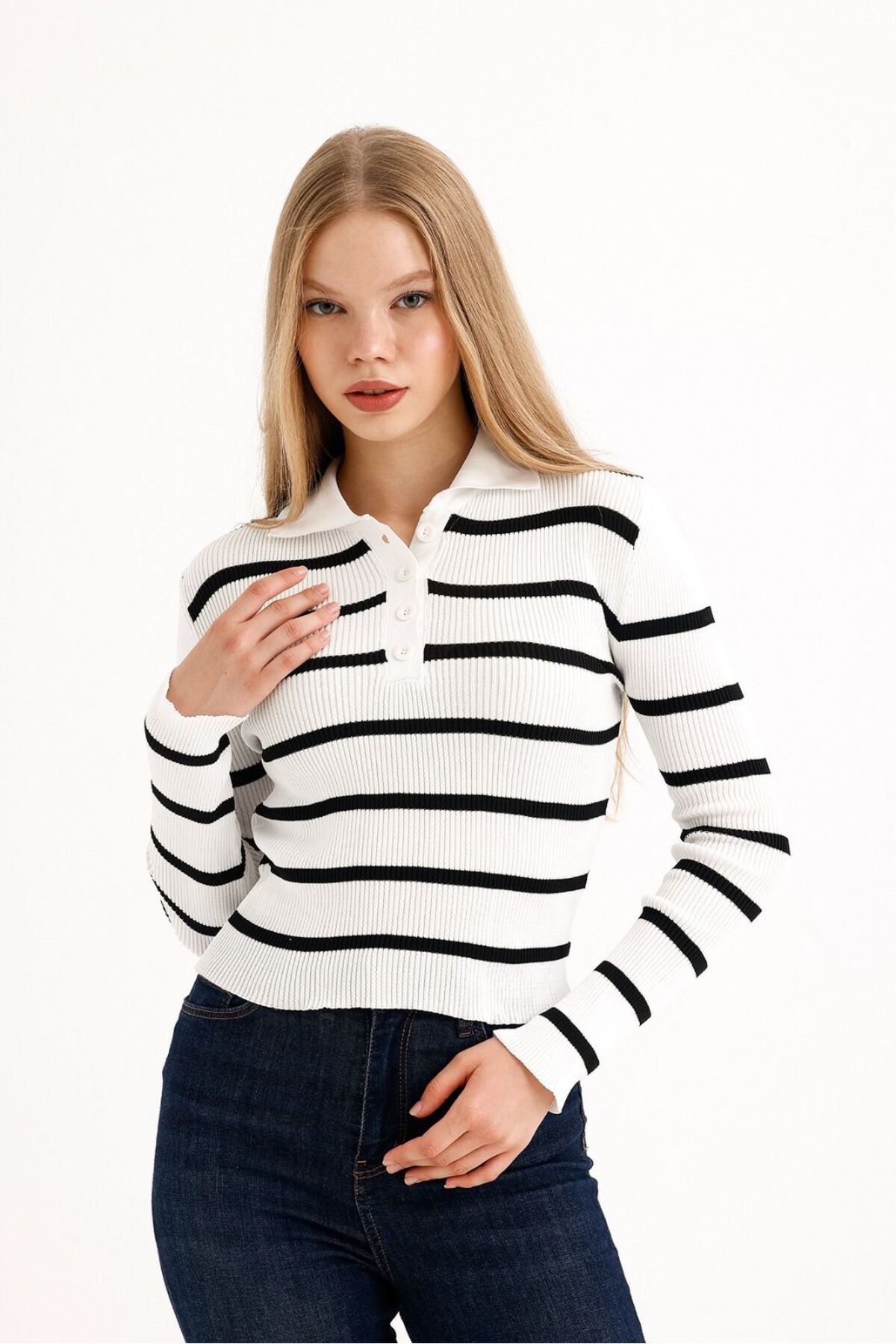 Nzl Tekstil Polo Yaka Çizgili Kadin Kazak