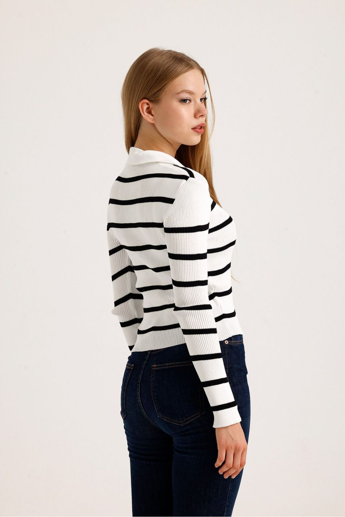 Nzl Tekstil Polo Yaka Çizgili Kadin Kazak