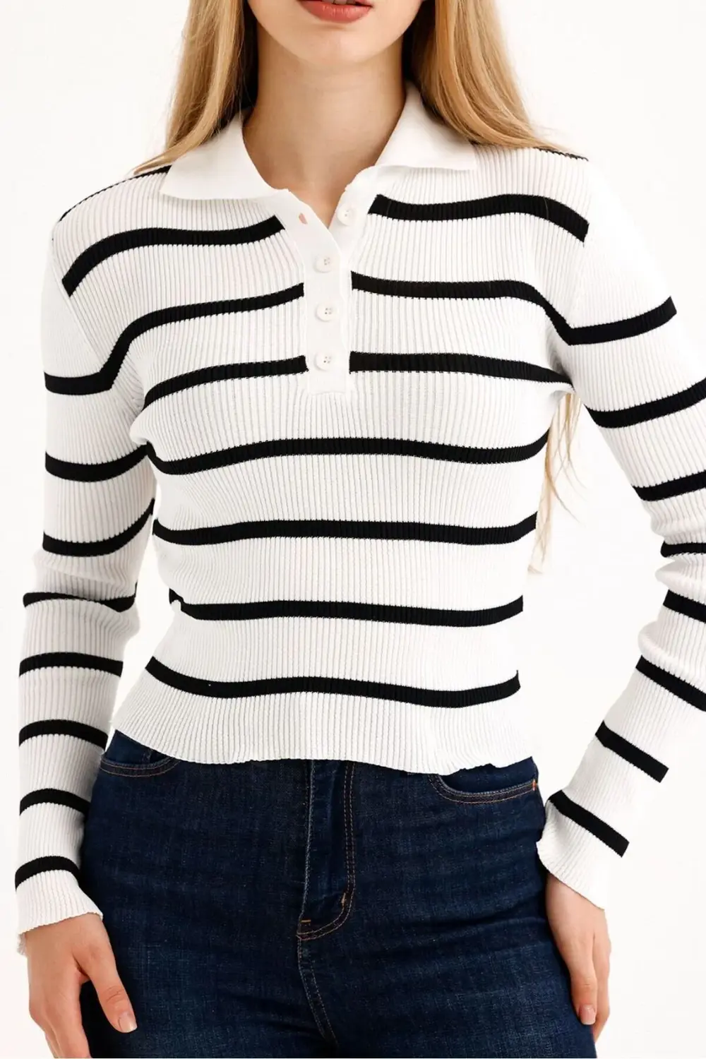 POLO YAKA ÇİZGİLİ KADIN KAZAK