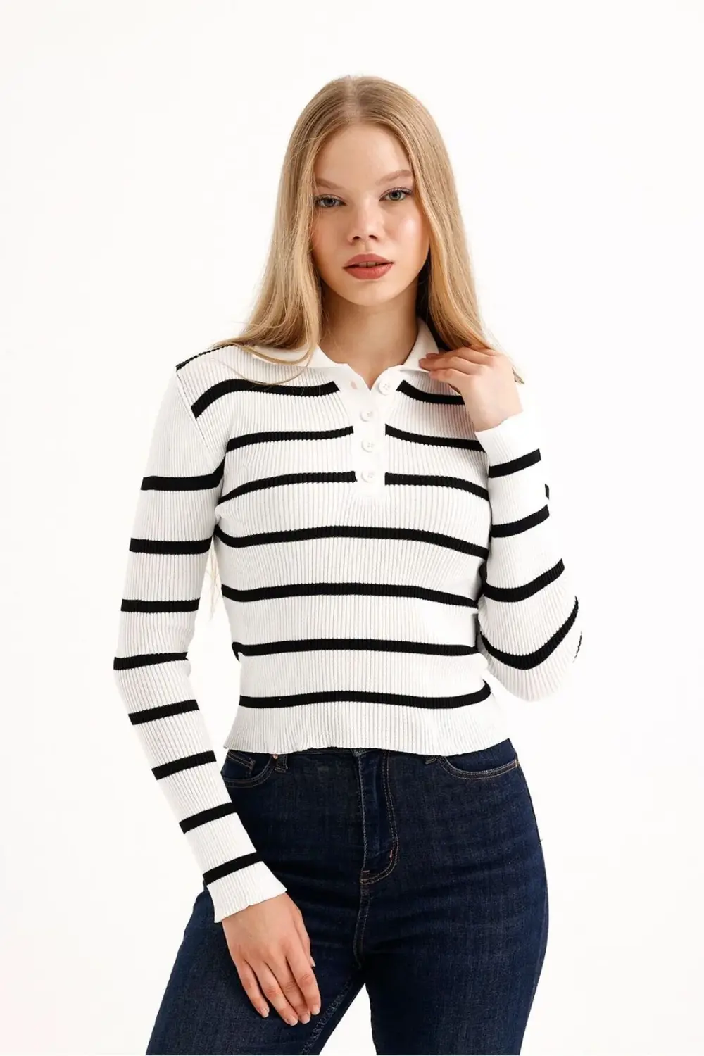 POLO YAKA ÇİZGİLİ KADIN KAZAK