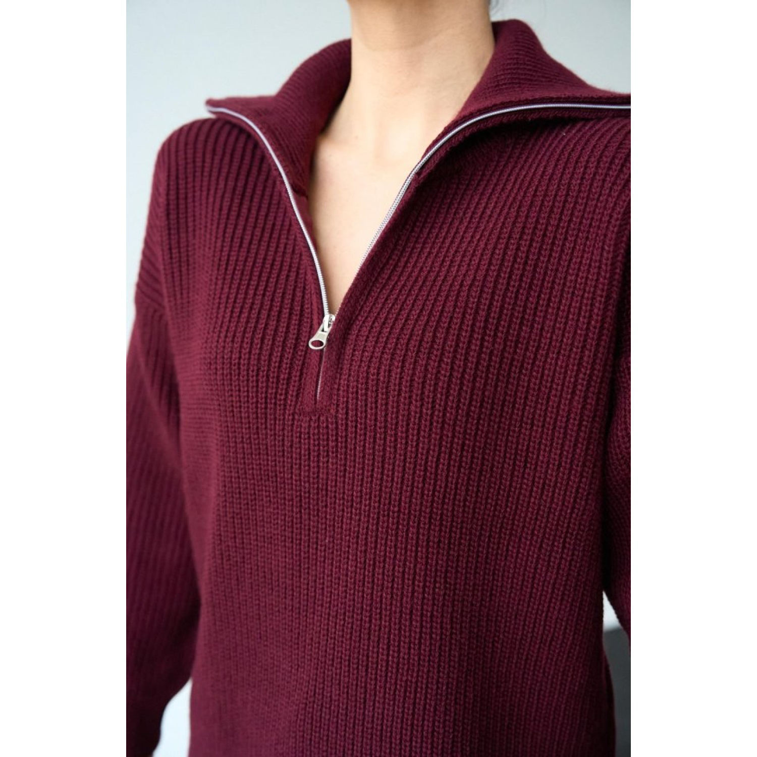 Polo Yaka Fermuarlı Kazak - Bordo