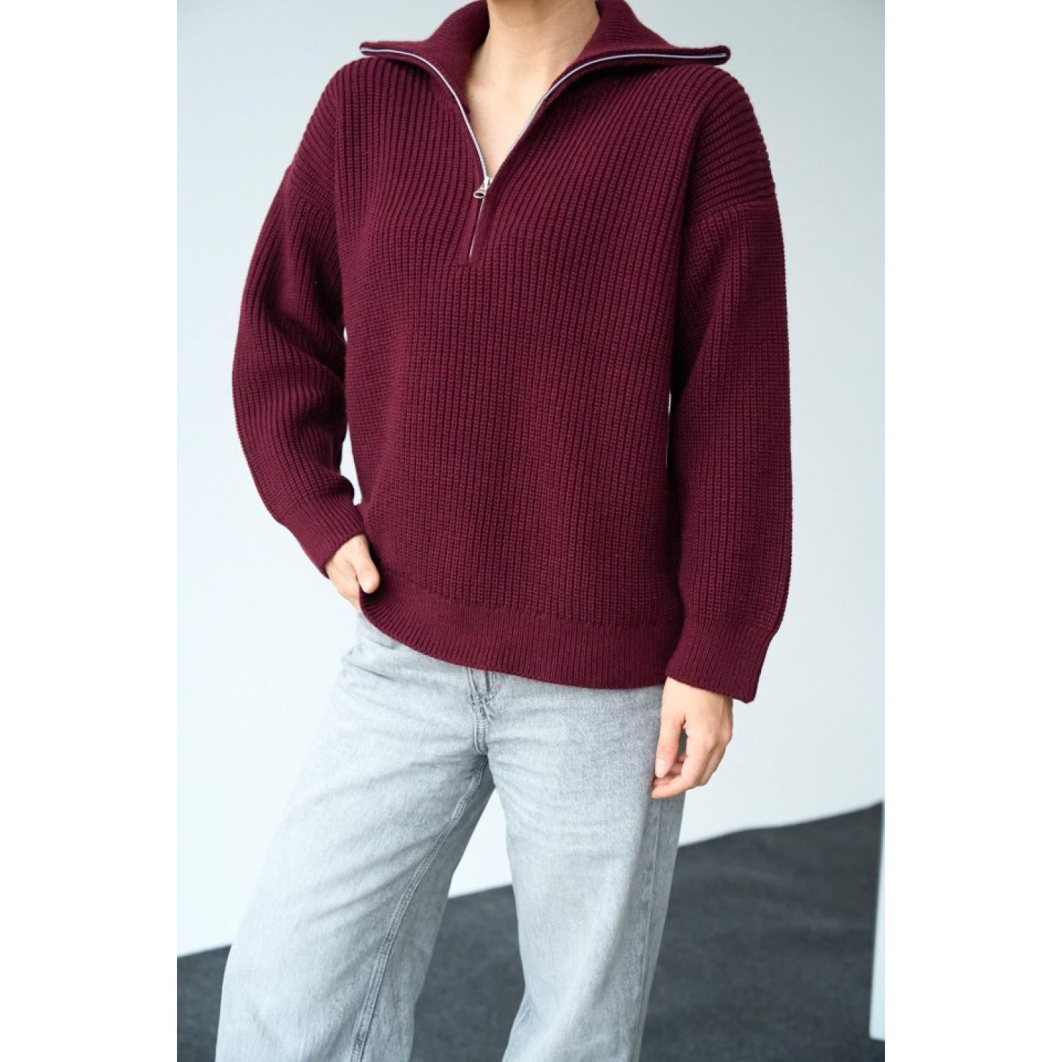 Polo Yaka Fermuarlı Kazak - Bordo
