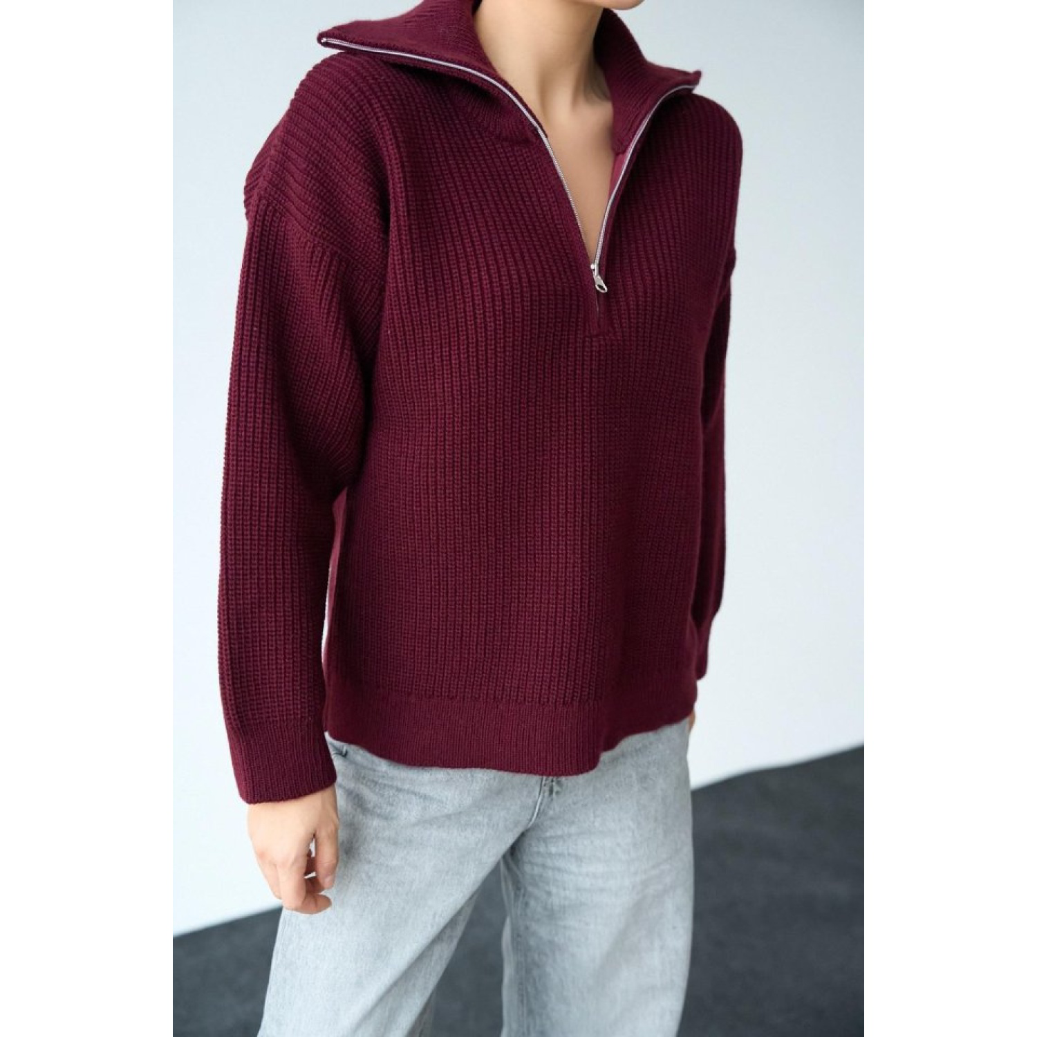 Polo Yaka Fermuarlı Kazak - Bordo