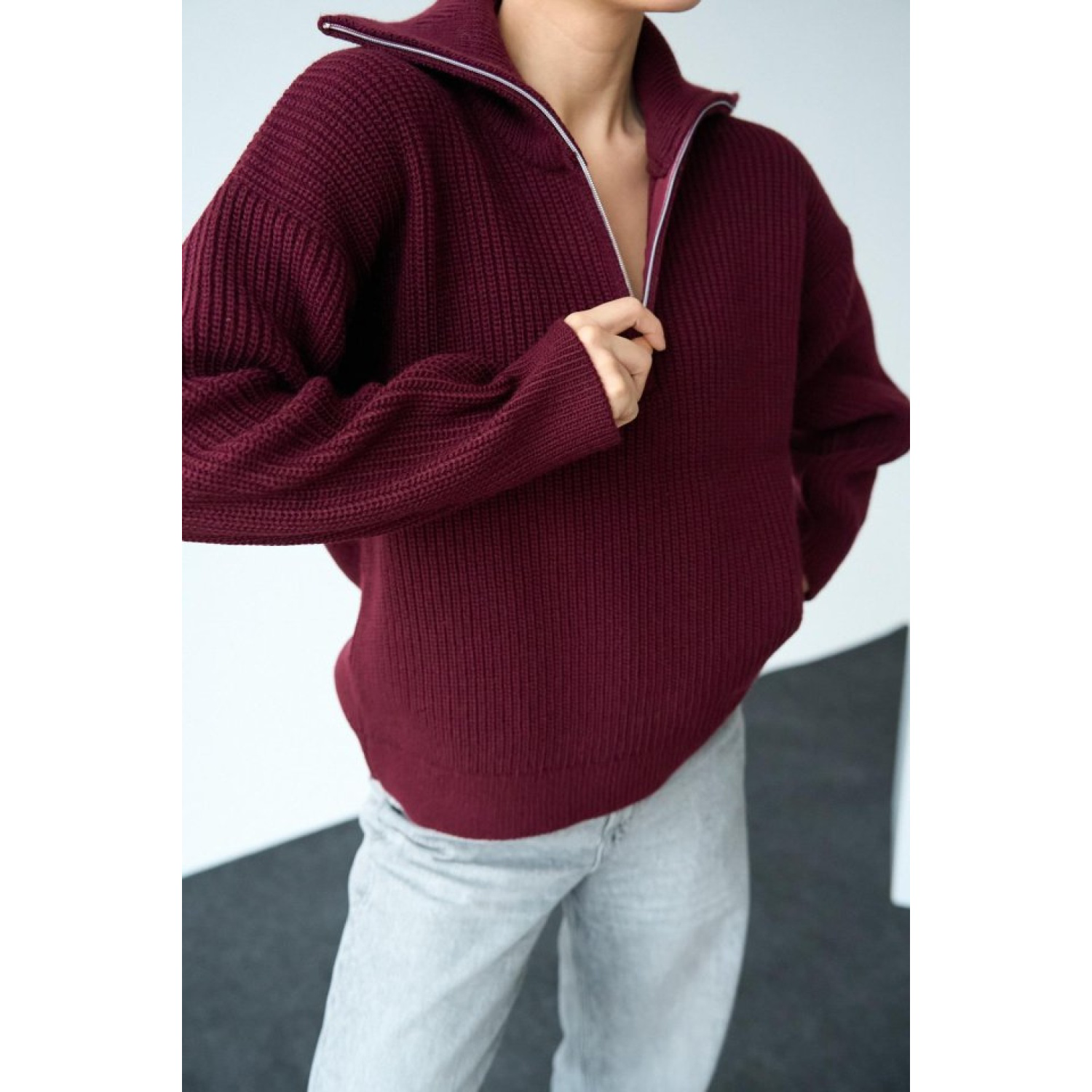 Polo Yaka Fermuarlı Kazak - Bordo