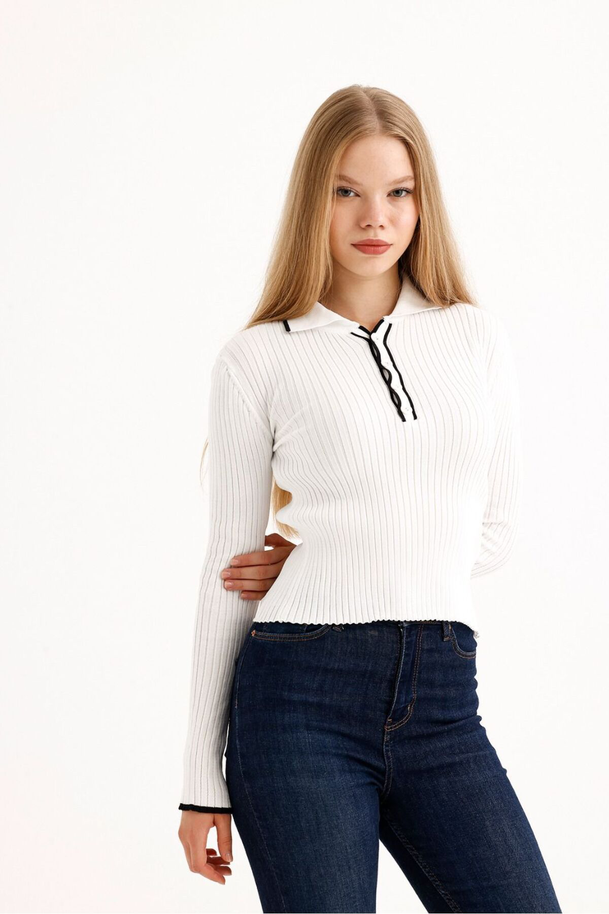 Nzl Tekstil Polo Yaka Kadin Triko Kazak