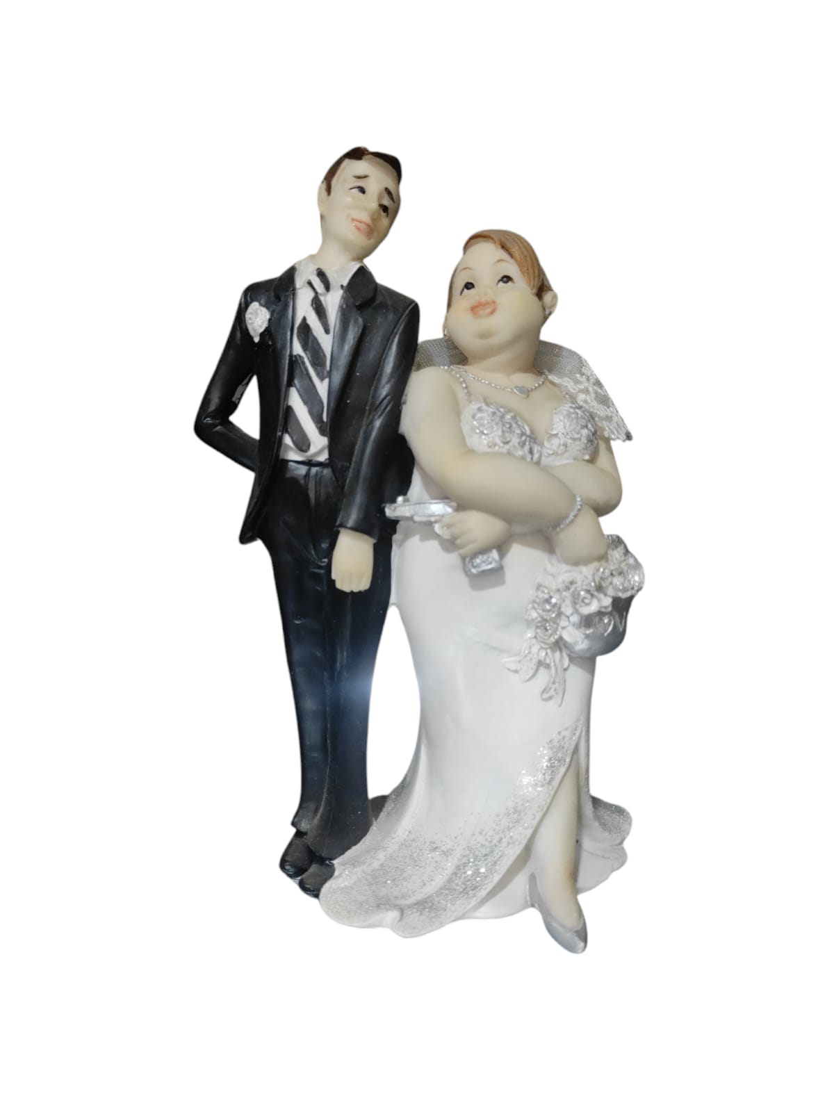 Polyester Gelin Damat Biblo Obje Silahlı Beyaz Çantalı 19cm