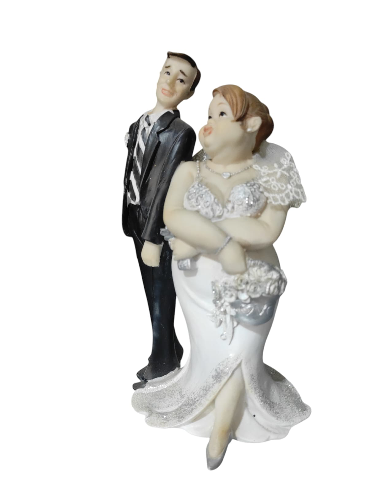Polyester Gelin Damat Biblo Obje Silahlı Beyaz Çantalı 19cm