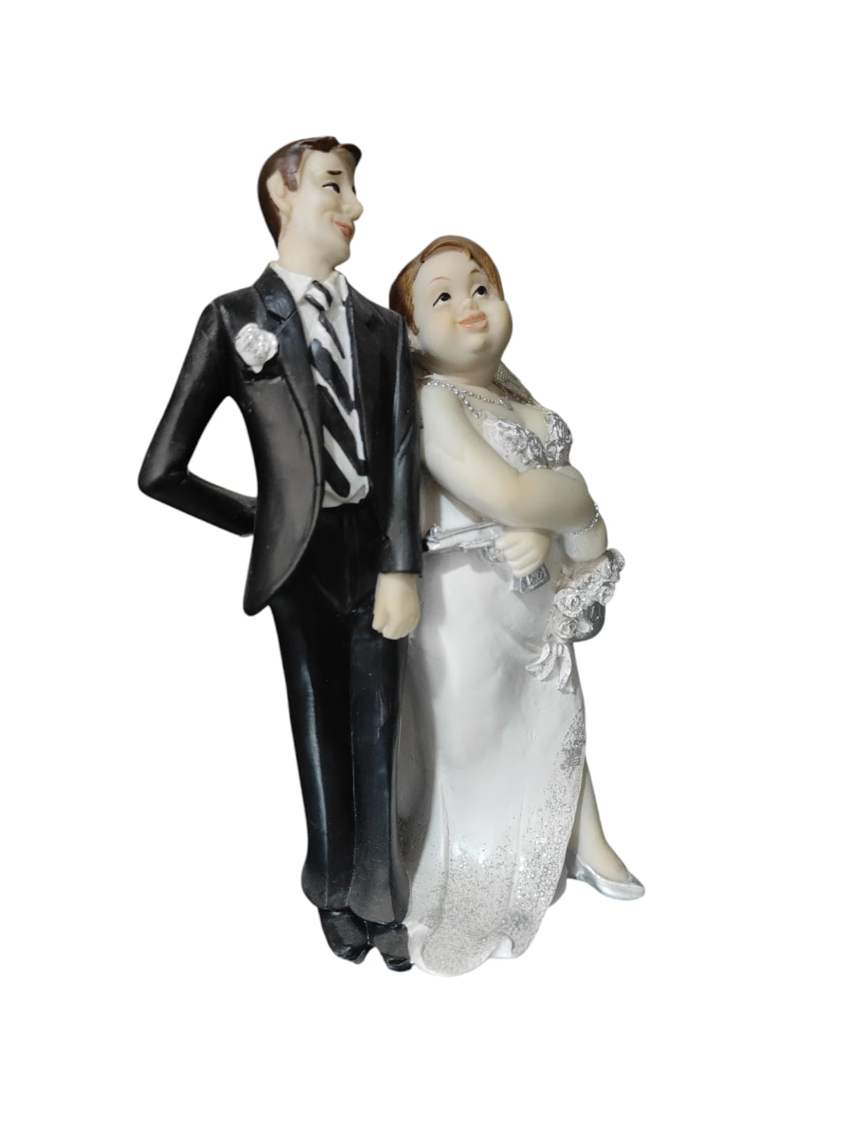Polyester Gelin Damat Biblo Obje Silahlı Beyaz Çantalı 19cm