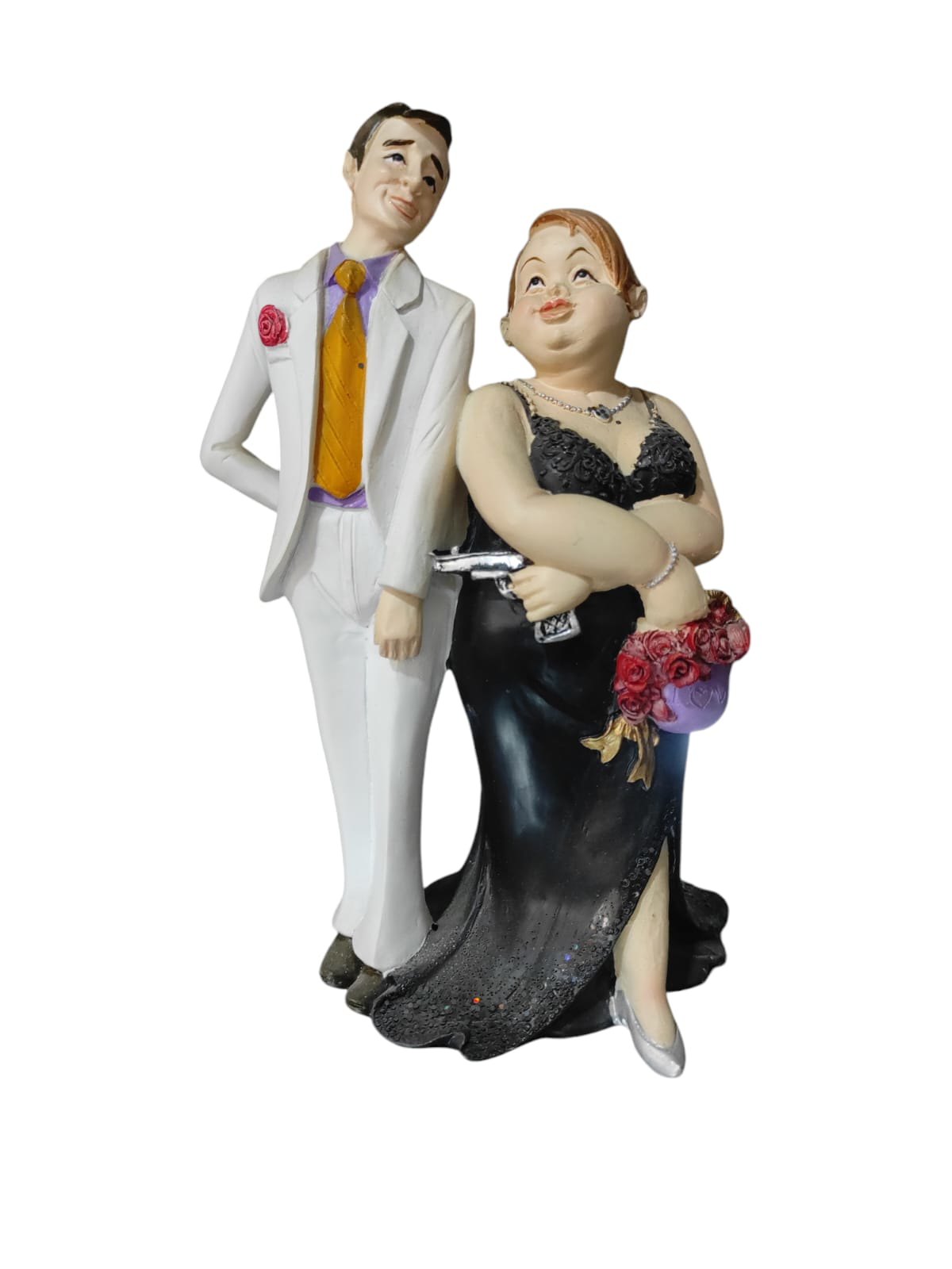 Polyester Gelin Damat Biblo Obje Silahlı Mor Çantalı 19cm Polyester Gelin Damat Biblo Obje Silahlı Mor Çantalı 19cm