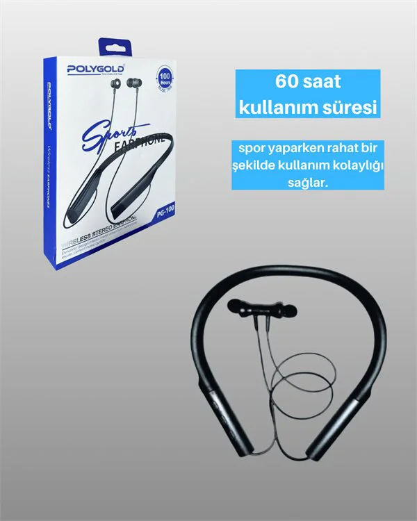 Polygold PG-100 Tip-C Şarjlı Bluetooth Kulaklık – Boyun Askılı Uzun Pil Ömürlü ve Mikrofonlu