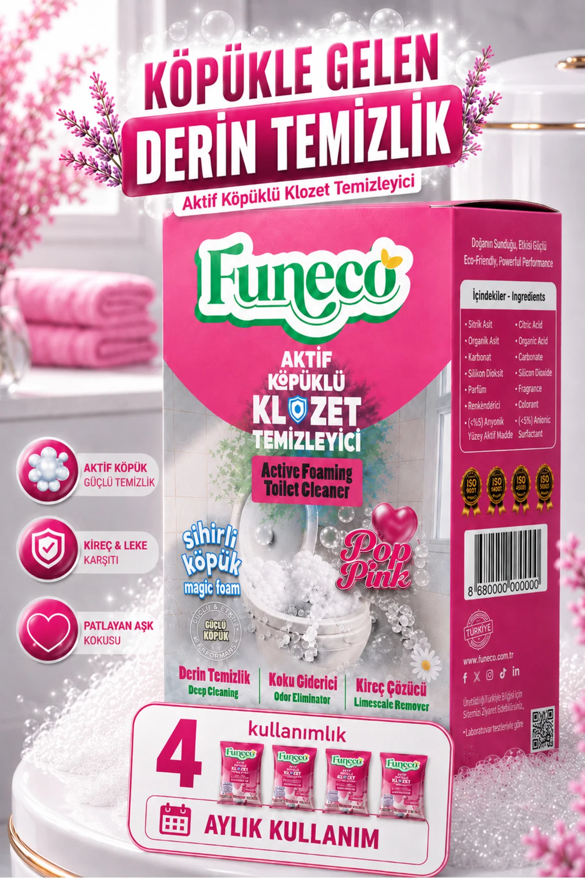 Pop Pink – Klozet Tuvalet WC Temizleyici, 1 Kutu-4 Paket, Yeni Nesil Aktif Köpüklü, Ekolojik Fiyatı, Yorumları ve Özellikleri