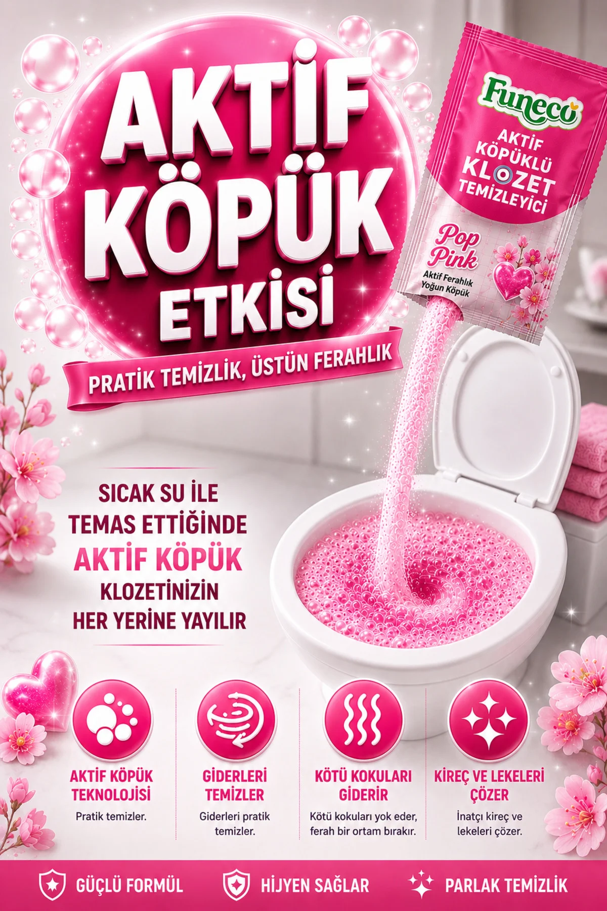 Pop Pink – Klozet Tuvalet WC Temizleyici, 1 Kutu-4 Paket, Yeni Nesil Aktif Köpüklü, Ekolojik Fiyatı, Yorumları ve Özellikleri