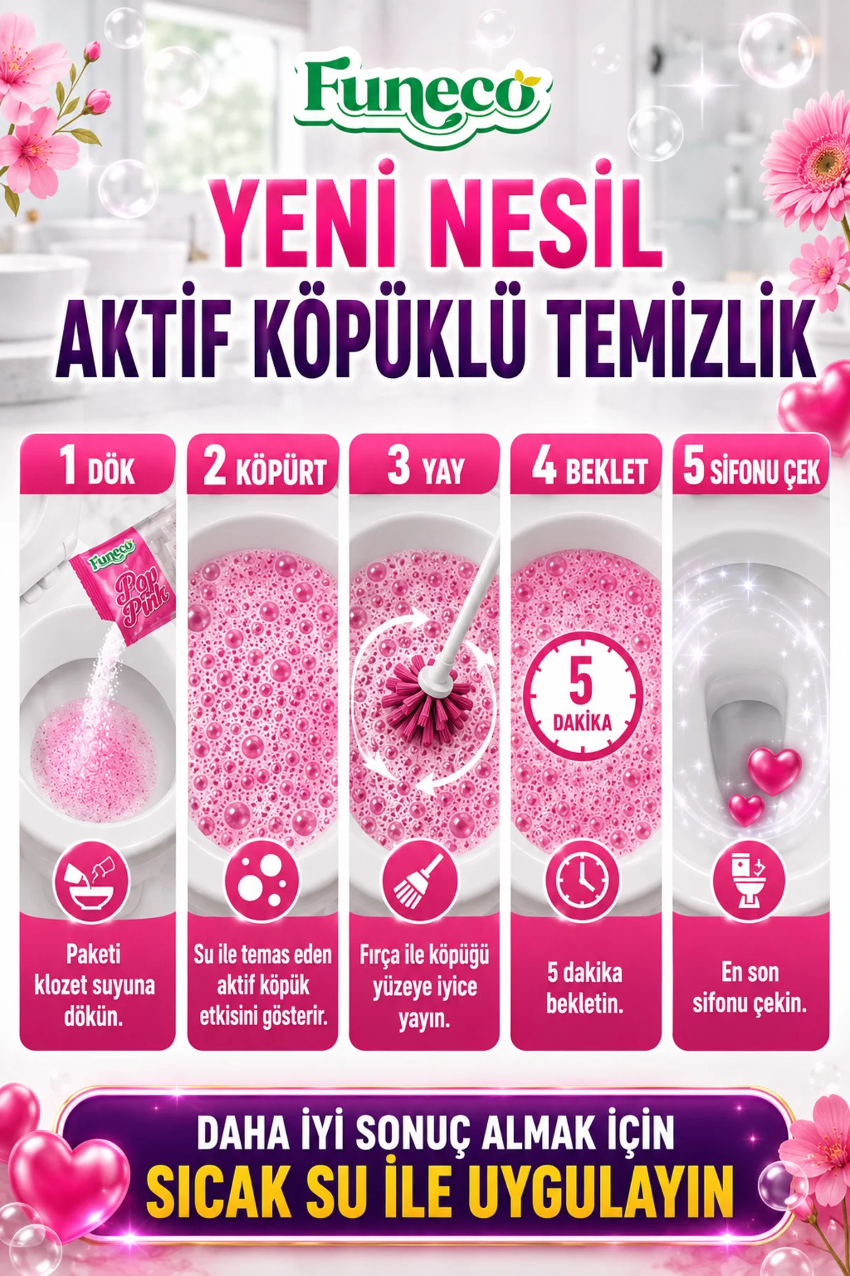 Pop Pink – Klozet Tuvalet WC Temizleyici, 1 Kutu-4 Paket, Yeni Nesil Aktif Köpüklü, Ekolojik Fiyatı, Yorumları ve Özellikleri