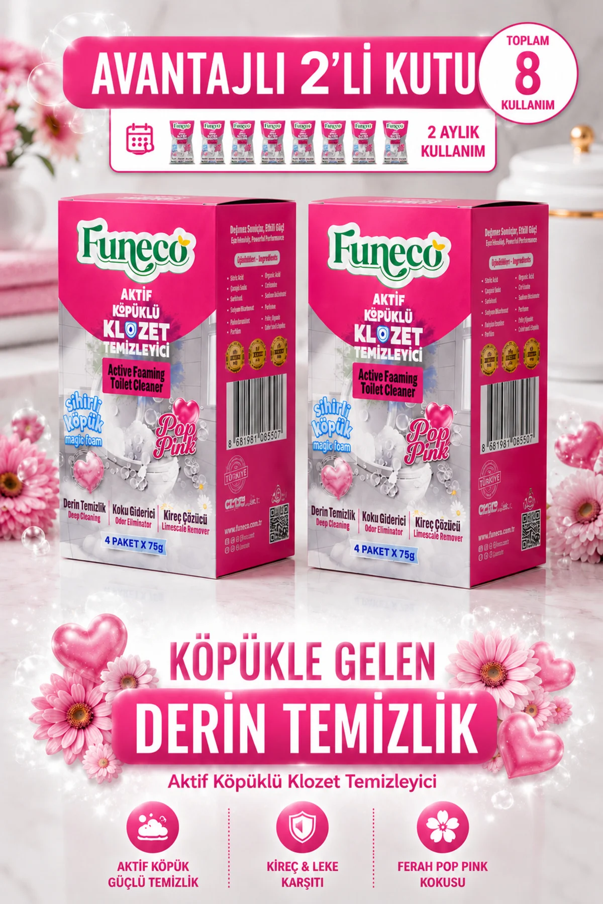 POP PINK – Klozet Tuvalet WC Temizleyici, Avantajlı Set, 2 Kutu, 8 Paket Aktif Köpüklü, Ekolojik Fiyatı, Yorumları ve Özellikleri