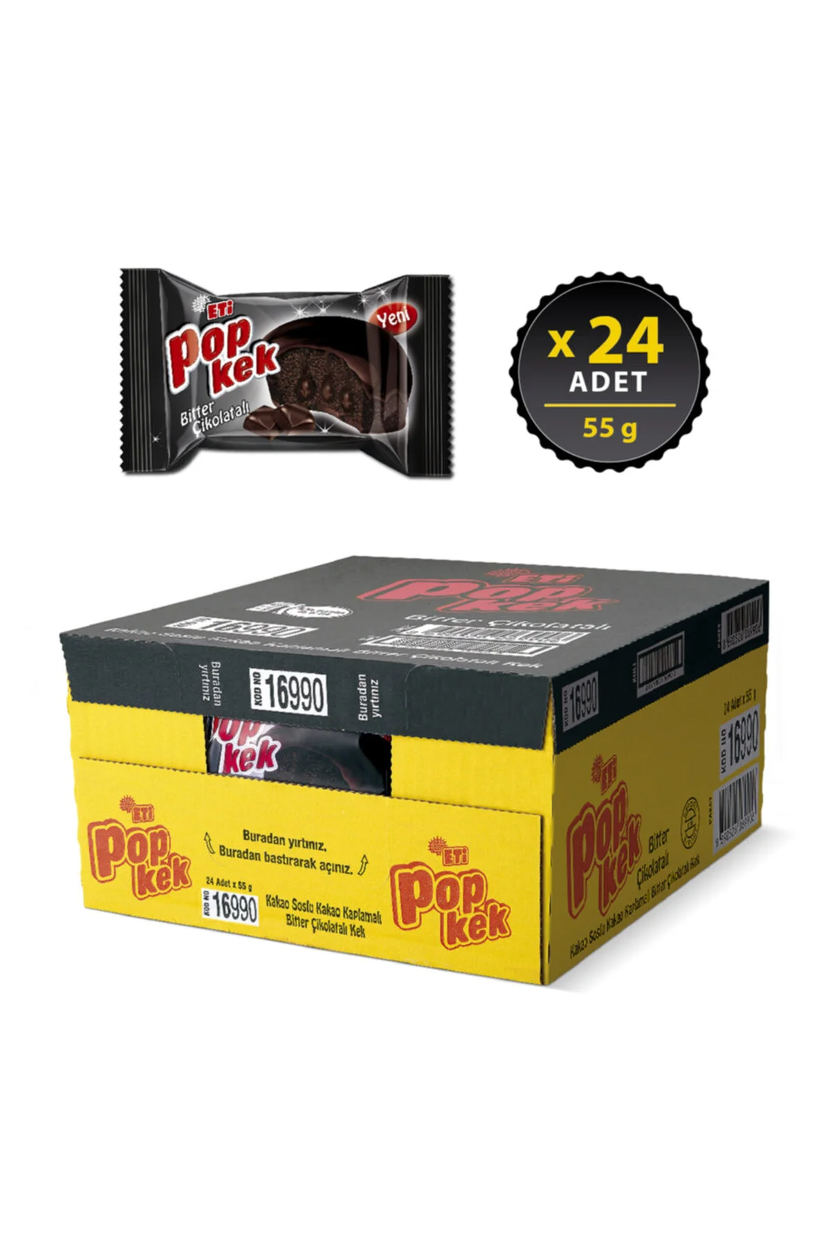 Popkek Bitter Çikolatalı Kek 55 g x 24 Adet