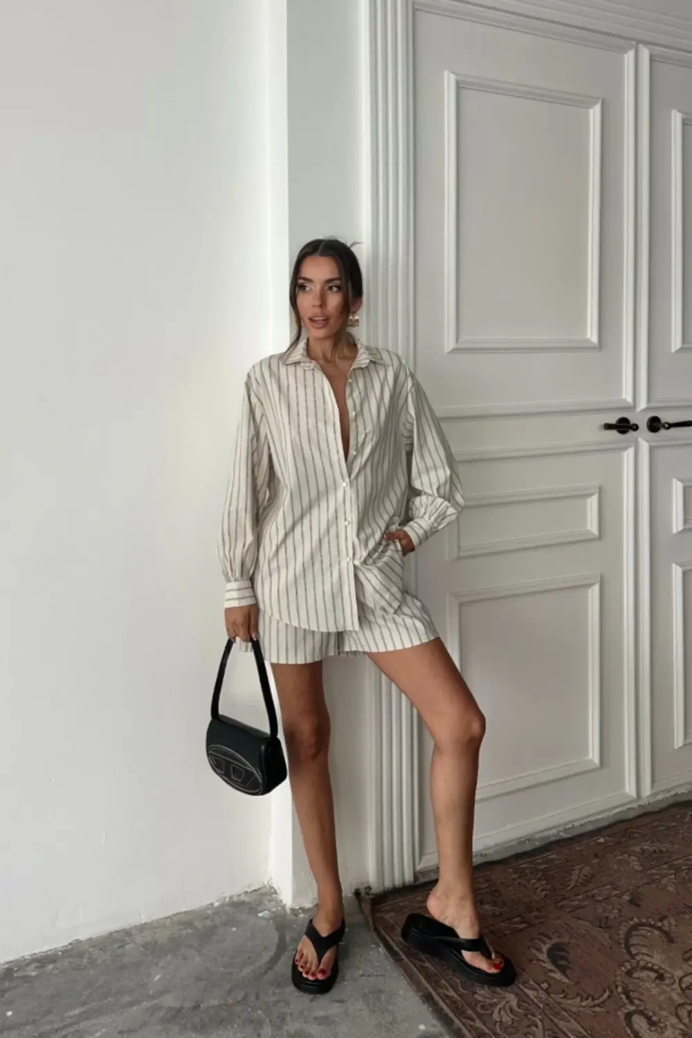 POPLİN ÇİZGİLİ GÖMLEK - ŞORT TAKIM - Bej