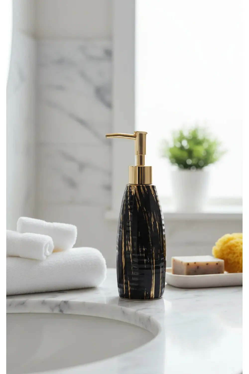 Porselen 200 ml Siyah Altın Detaylı Sıvı Sabunluk – Şık Mutfak ve