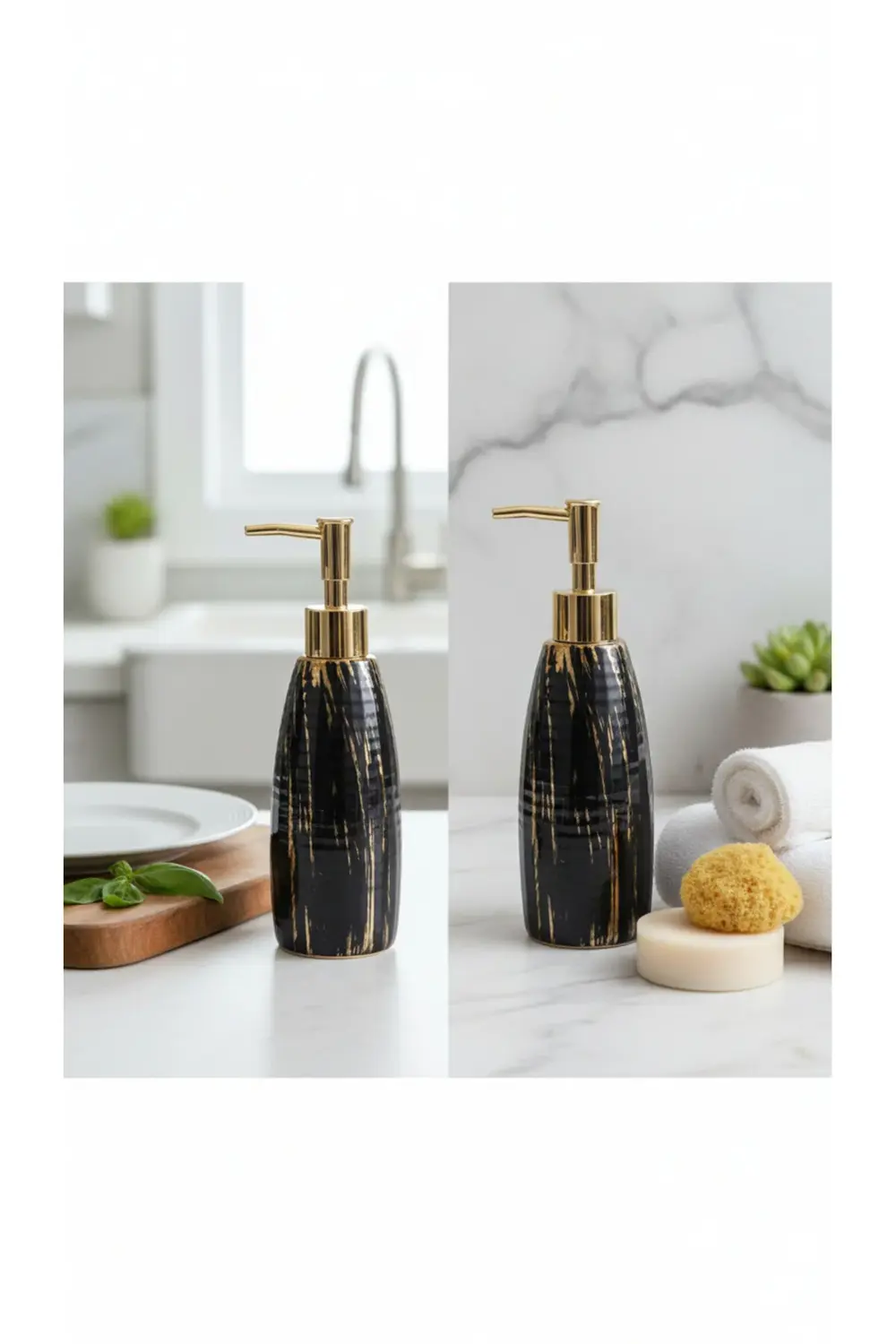 Porselen 200 ml Siyah Altın Detaylı Sıvı Sabunluk – Şık Mutfak ve