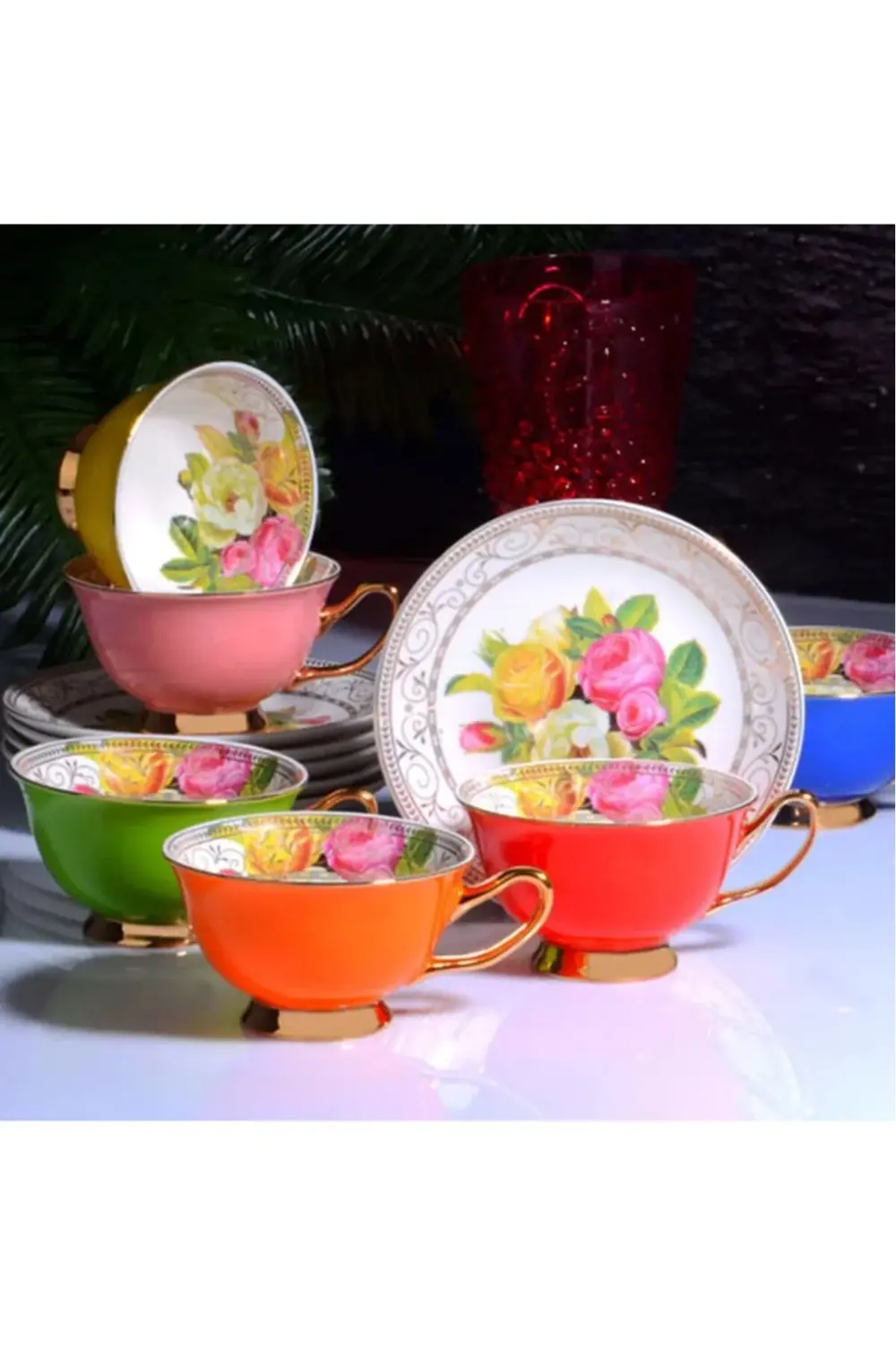 Porselen 6'lı Çiçekli Çay Fincanı Takımı 220cc - Rose