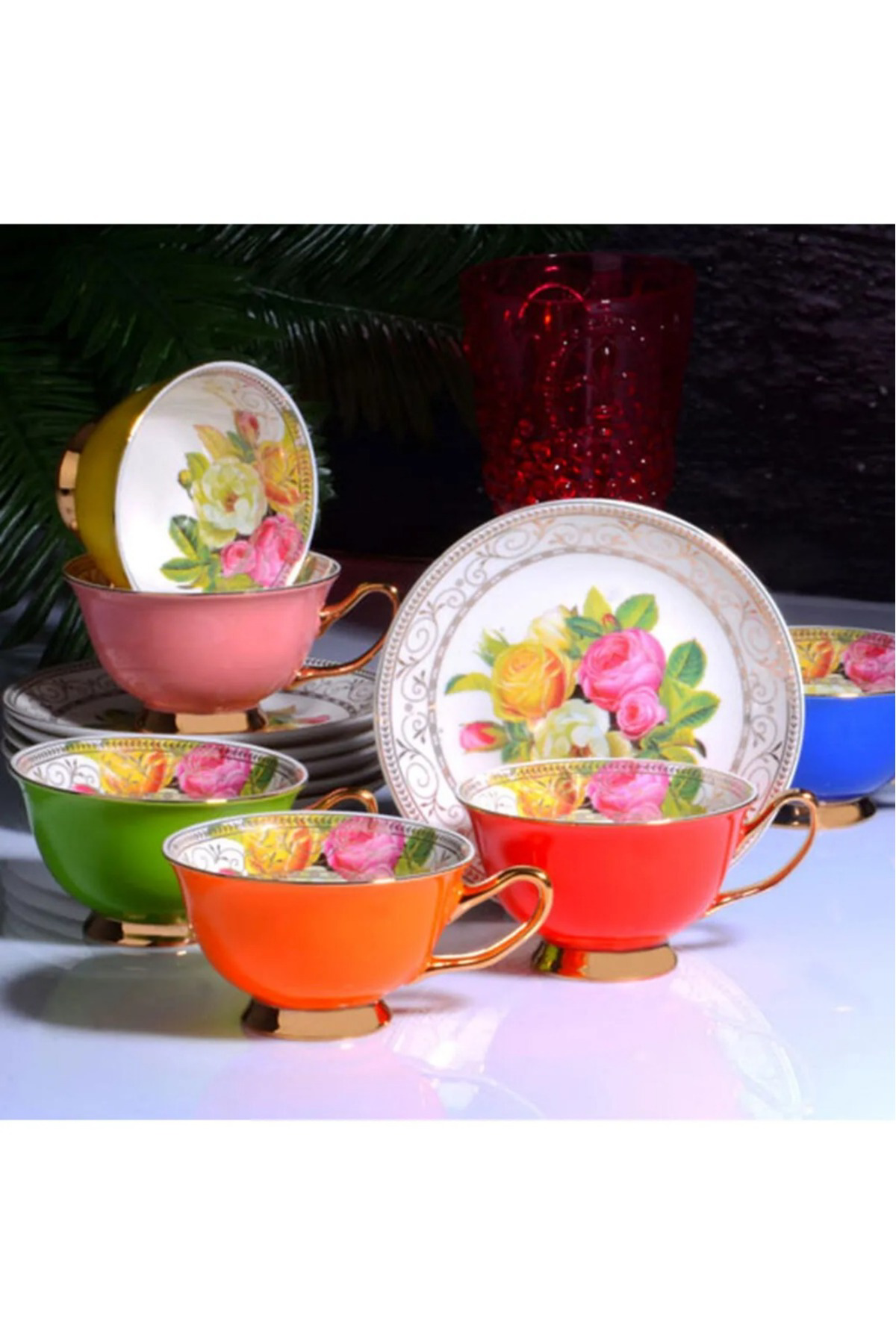 Porselen 6'lı Çiçekli Çay Fincanı Takımı 220cc - Rose