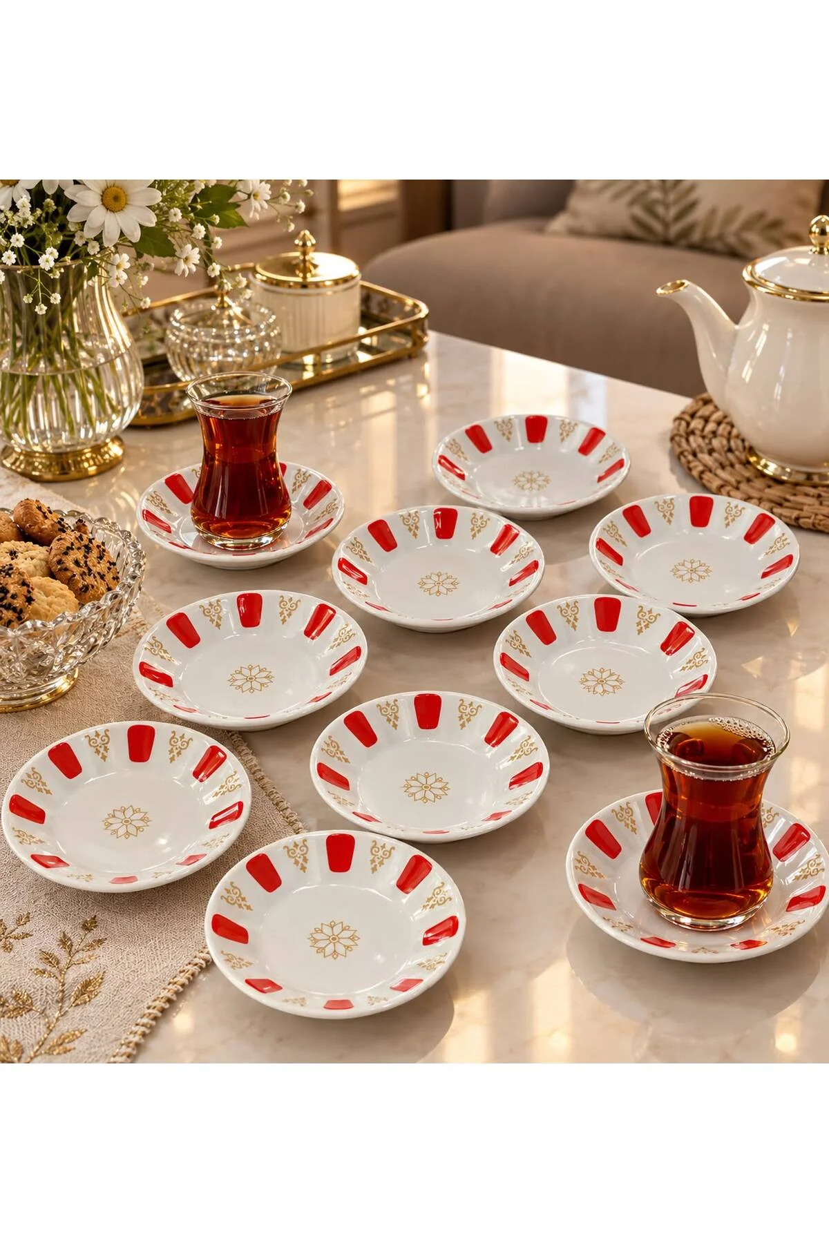 Porselen Kırmızı Beyaz Kahveci Otantik Çay Tabağı 12'li Geniş Taban