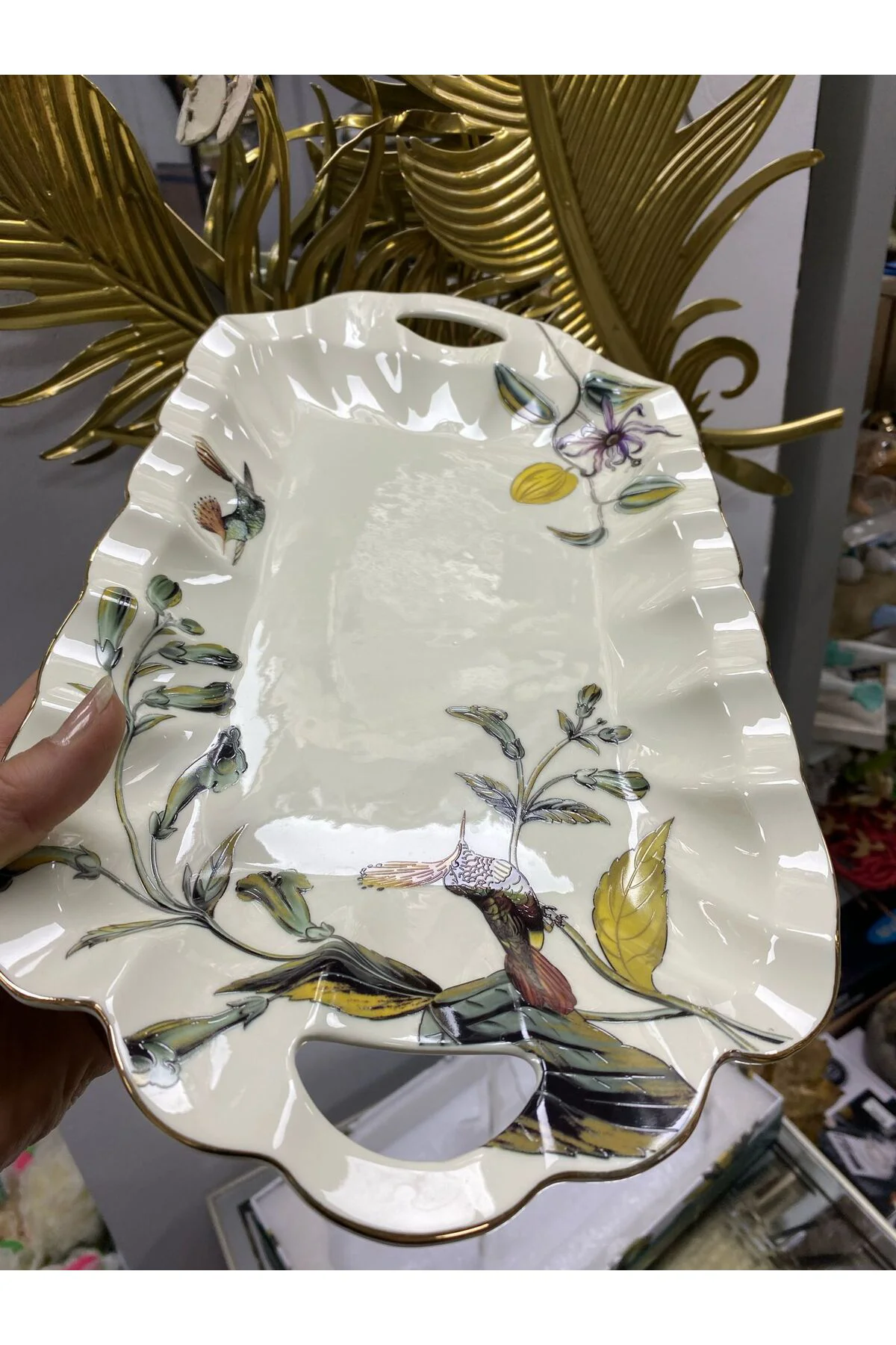 Porselen Kulplu Dikdörtgen Sunum Tabağı (Olive) 39*21*3,5