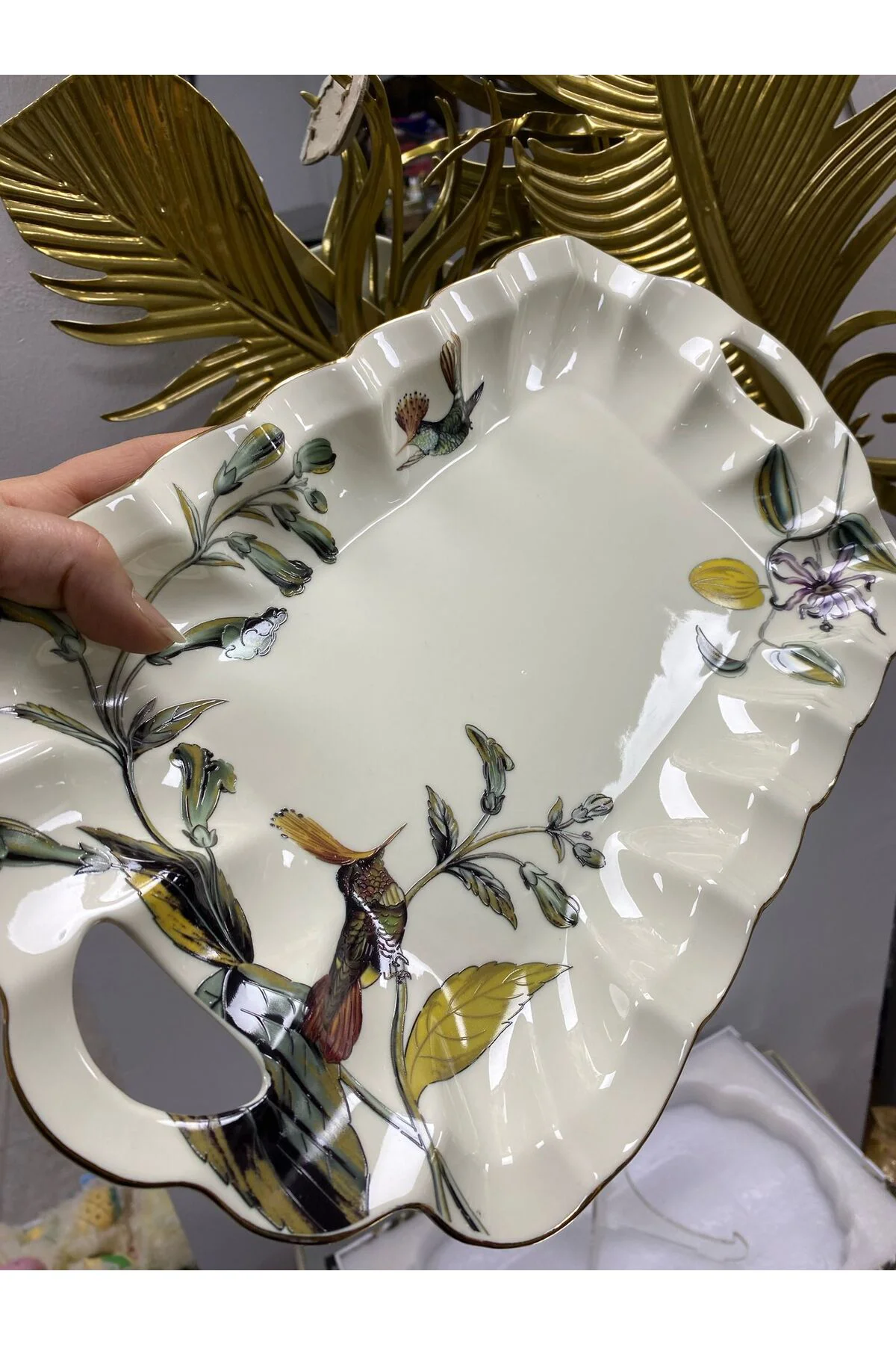 Porselen Kulplu Dikdörtgen Sunum Tabağı (Olive) 39*21*3,5