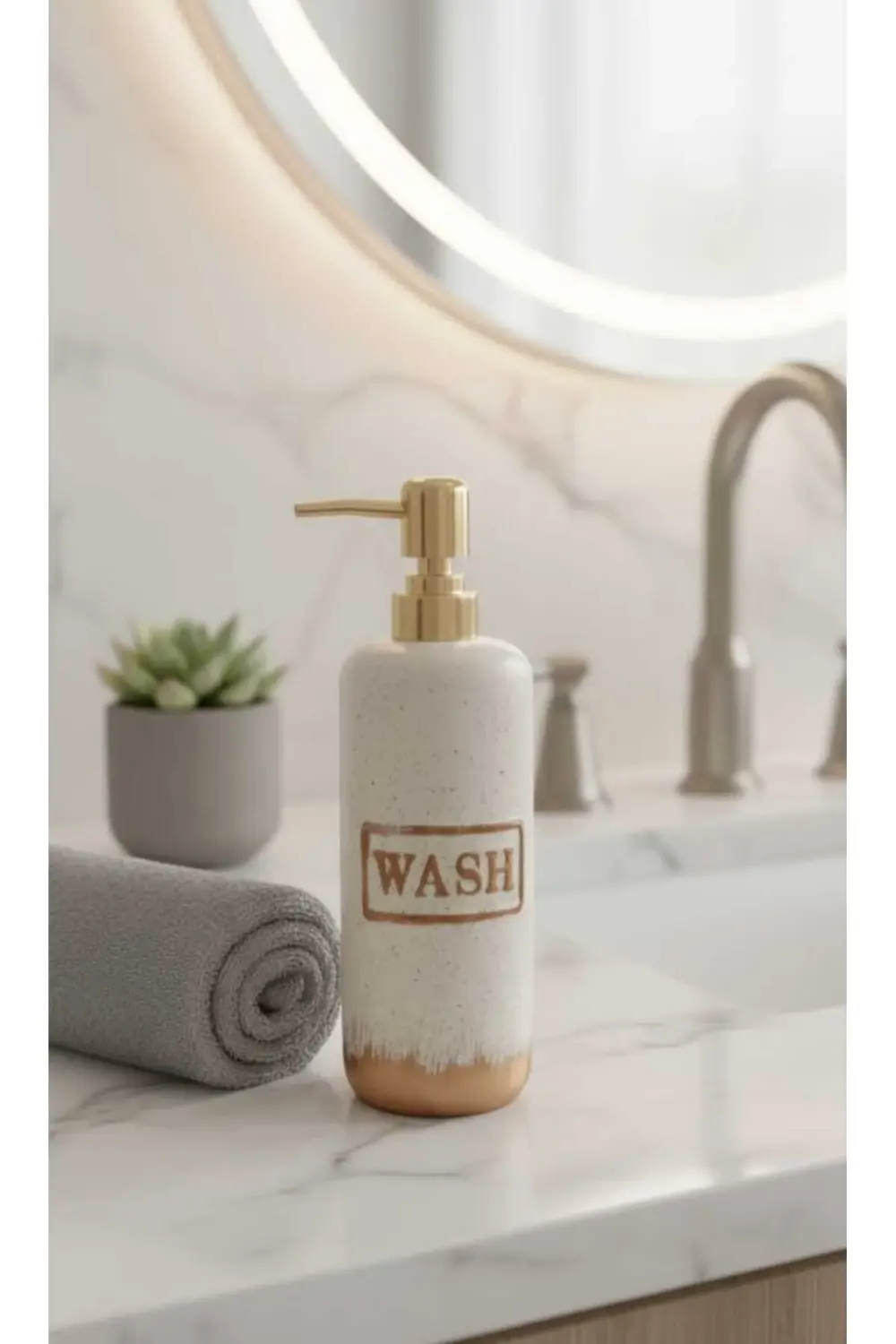 Porselen “WASH” Yazılı 220 ml Altın Kapaklı Sıvı Sabunluk – Şık M