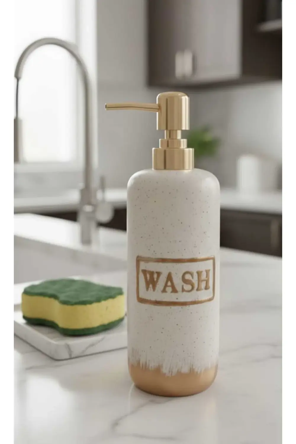 Porselen “WASH” Yazılı 220 ml Altın Kapaklı Sıvı Sabunluk – Şık M