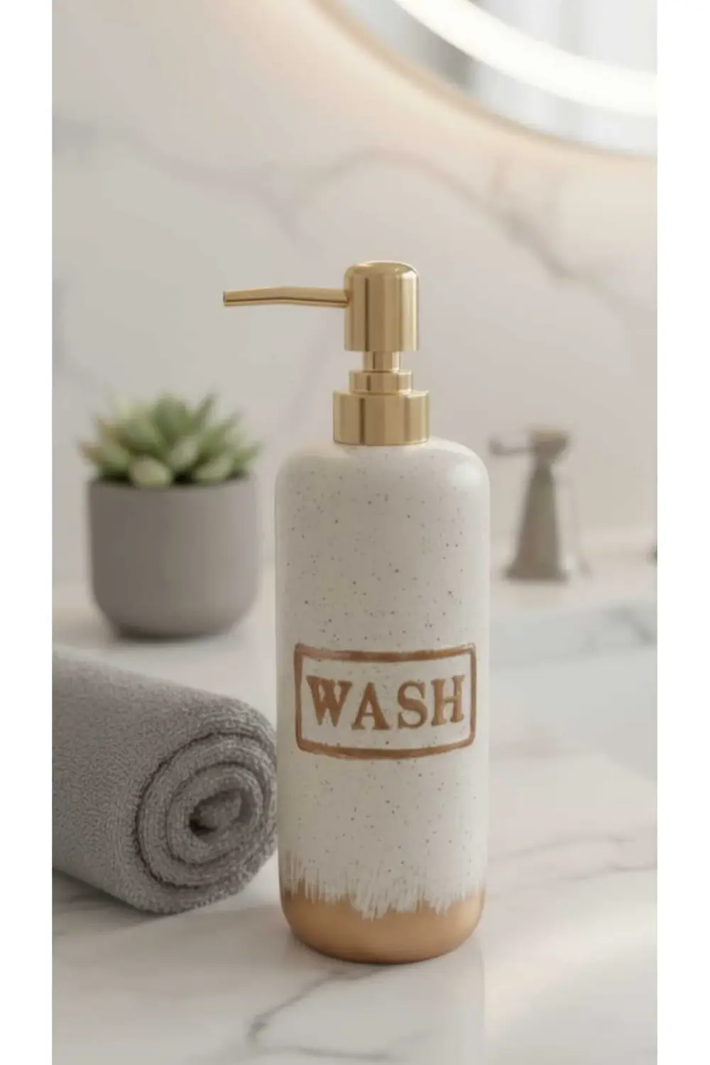 Porselen “WASH” Yazılı 220 ml Altın Kapaklı Sıvı Sabunluk – Şık M