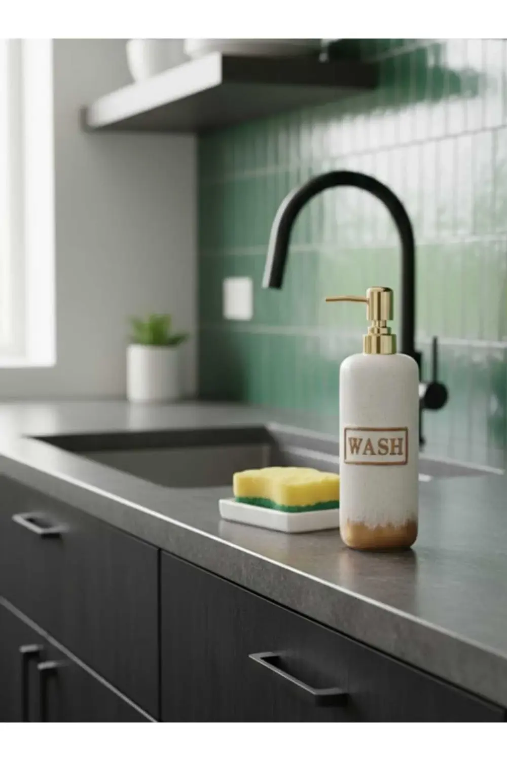 Porselen “WASH” Yazılı 220 ml Altın Kapaklı Sıvı Sabunluk – Şık M