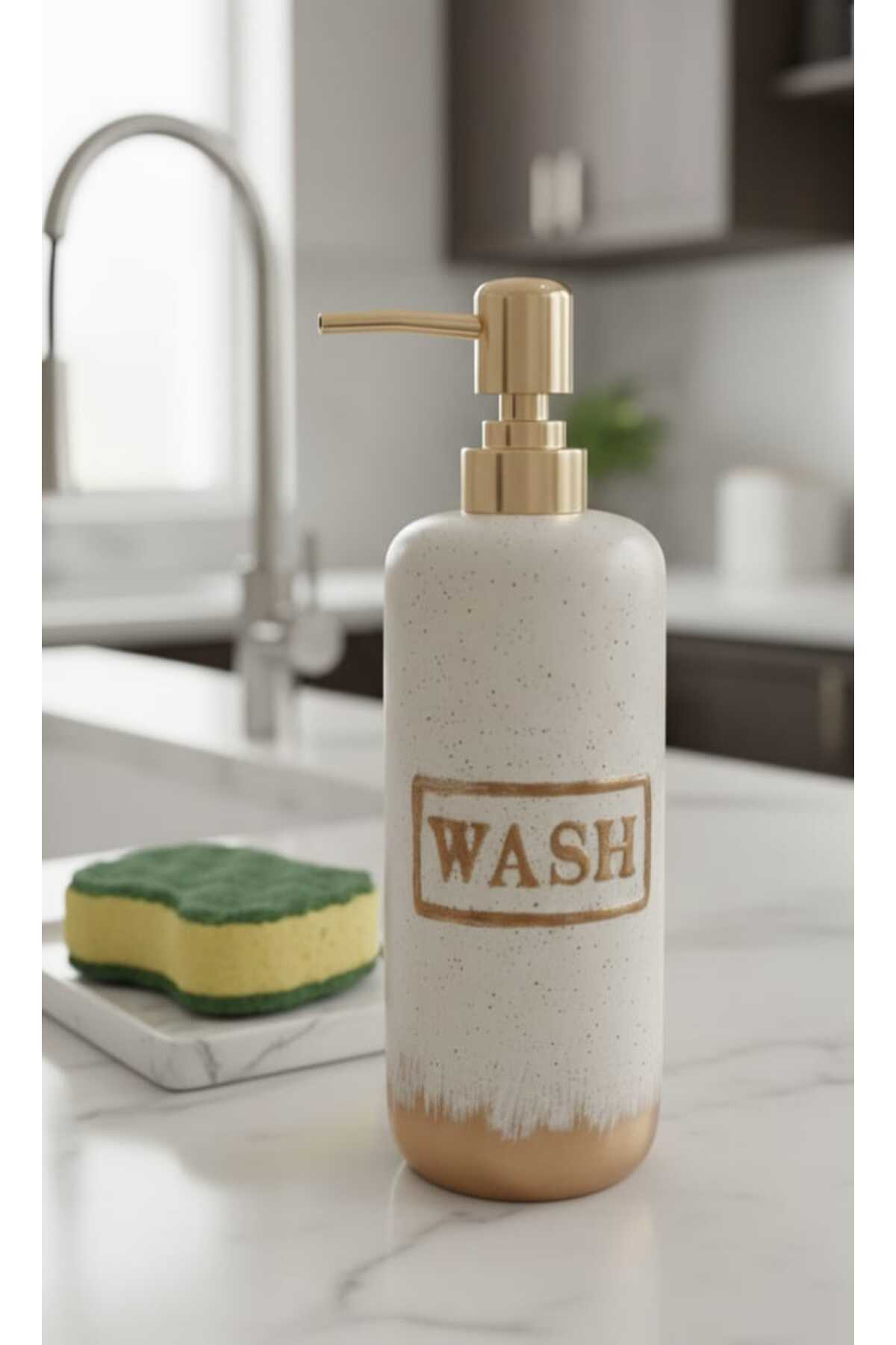 Porselen “WASH” Yazılı 220 ml Altın Kapaklı Sıvı Sabunluk – Şık M
