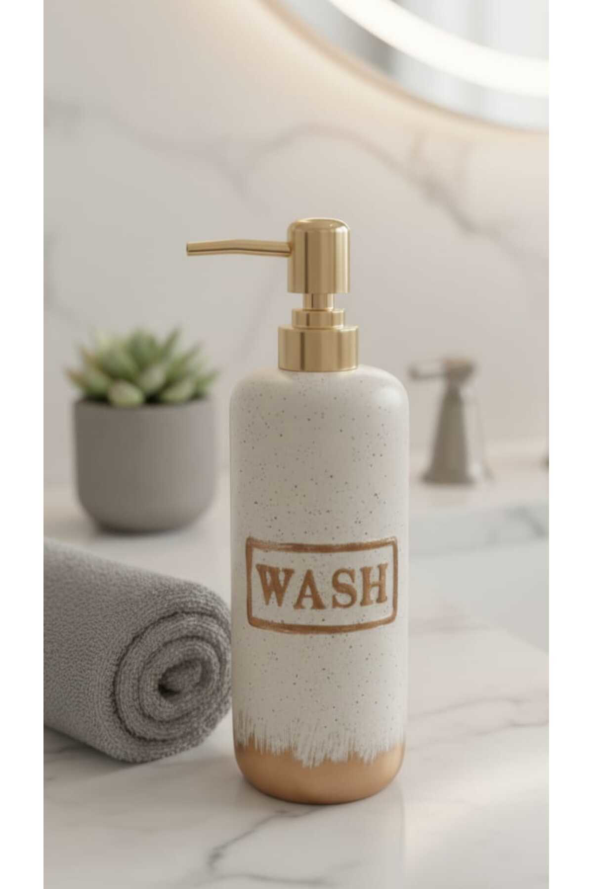 Porselen “WASH” Yazılı 220 ml Altın Kapaklı Sıvı Sabunluk – Şık M