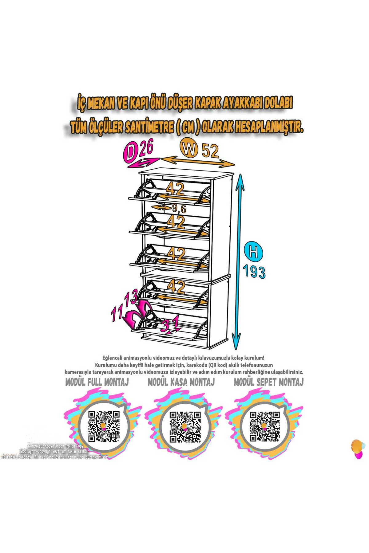 Porta 10 Bölmeli Ayakkabılık Cordoba 52 cm Genişlikte 52x193x26 c