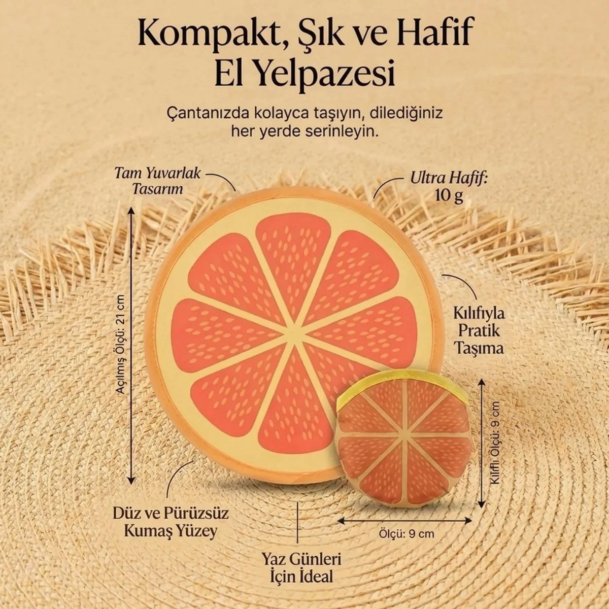 Portakal Dilimi Desenli Katlanabilir Cep Yelpazesi - Kılıflı Yuvarlak Kumaş El Yelpazesi Portakal Dilimi Desenli Katlanabilir Cep Yelpazesi - Kılıflı Yuvarlak Kumaş El Yelpazesi