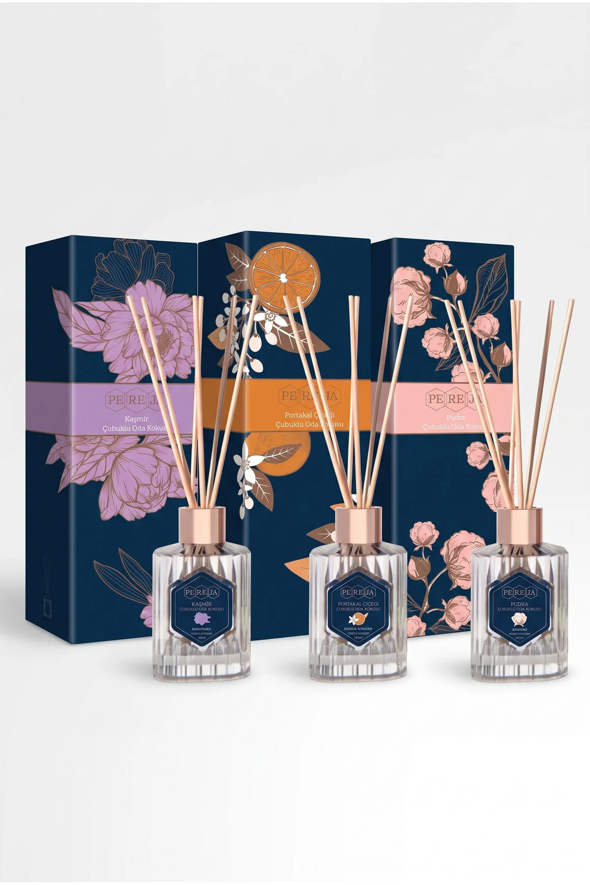 Portakal Pudra Kaşmir Premium Çubuklu Oda Kokusu Seti 3x100 ml Portakal Pudra Kaşmir Premium Çubuklu Oda Kokusu Seti 3x100 ml