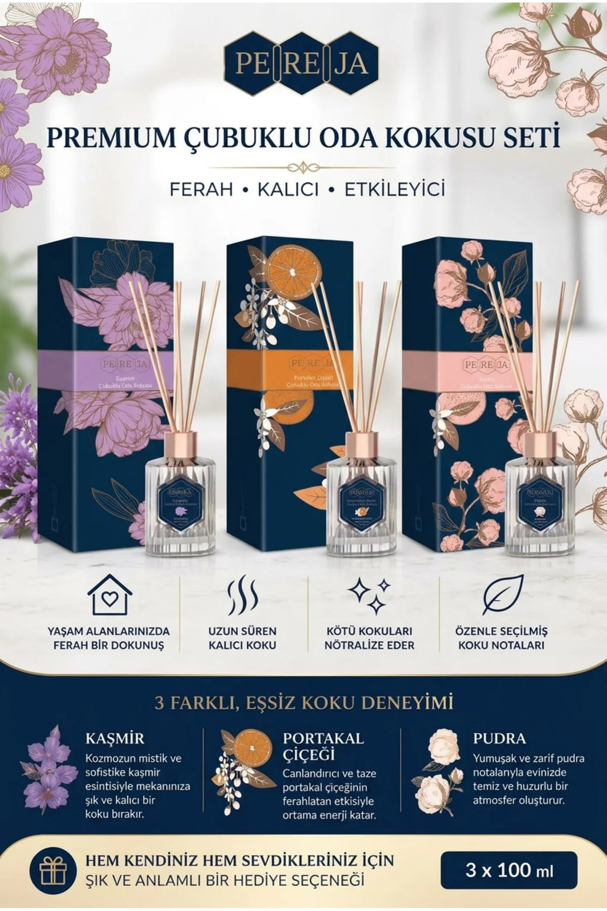 Portakal Pudra Kaşmir Premium Çubuklu Oda Kokusu Seti 3x100 ml Portakal Pudra Kaşmir Premium Çubuklu Oda Kokusu Seti 3x100 ml