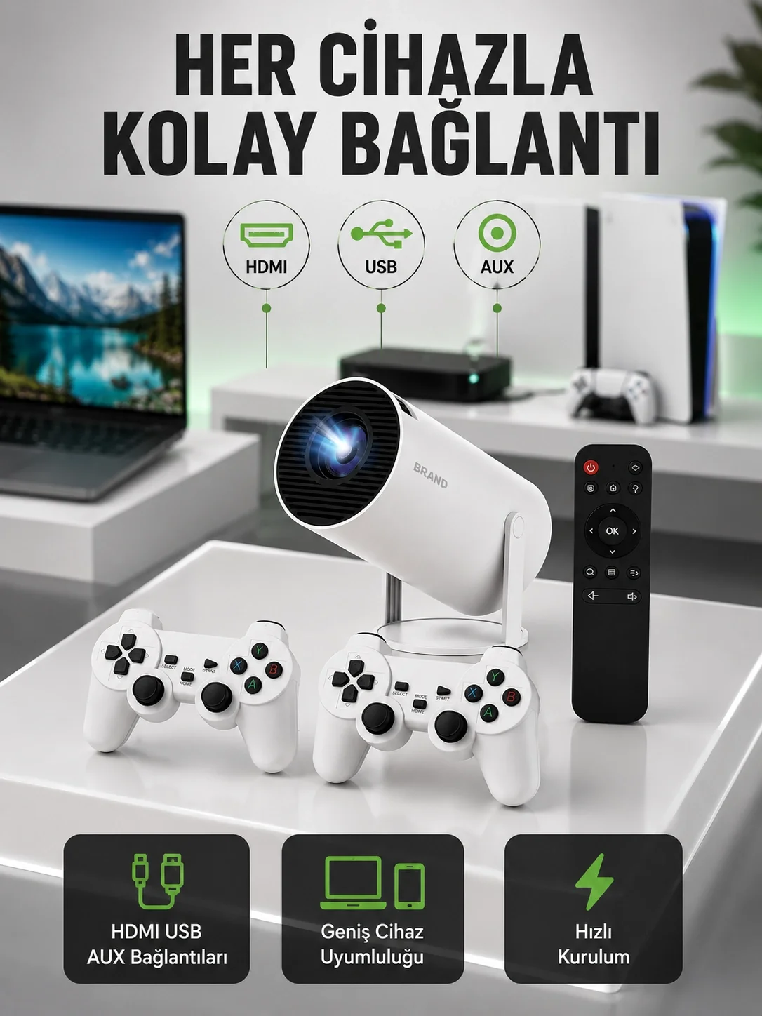 Portatif 4K Projeksiyon – 4.000 Uygulama, Kablosuz Yansıtma ve Bluetooth 5.0 Yeni Nesil