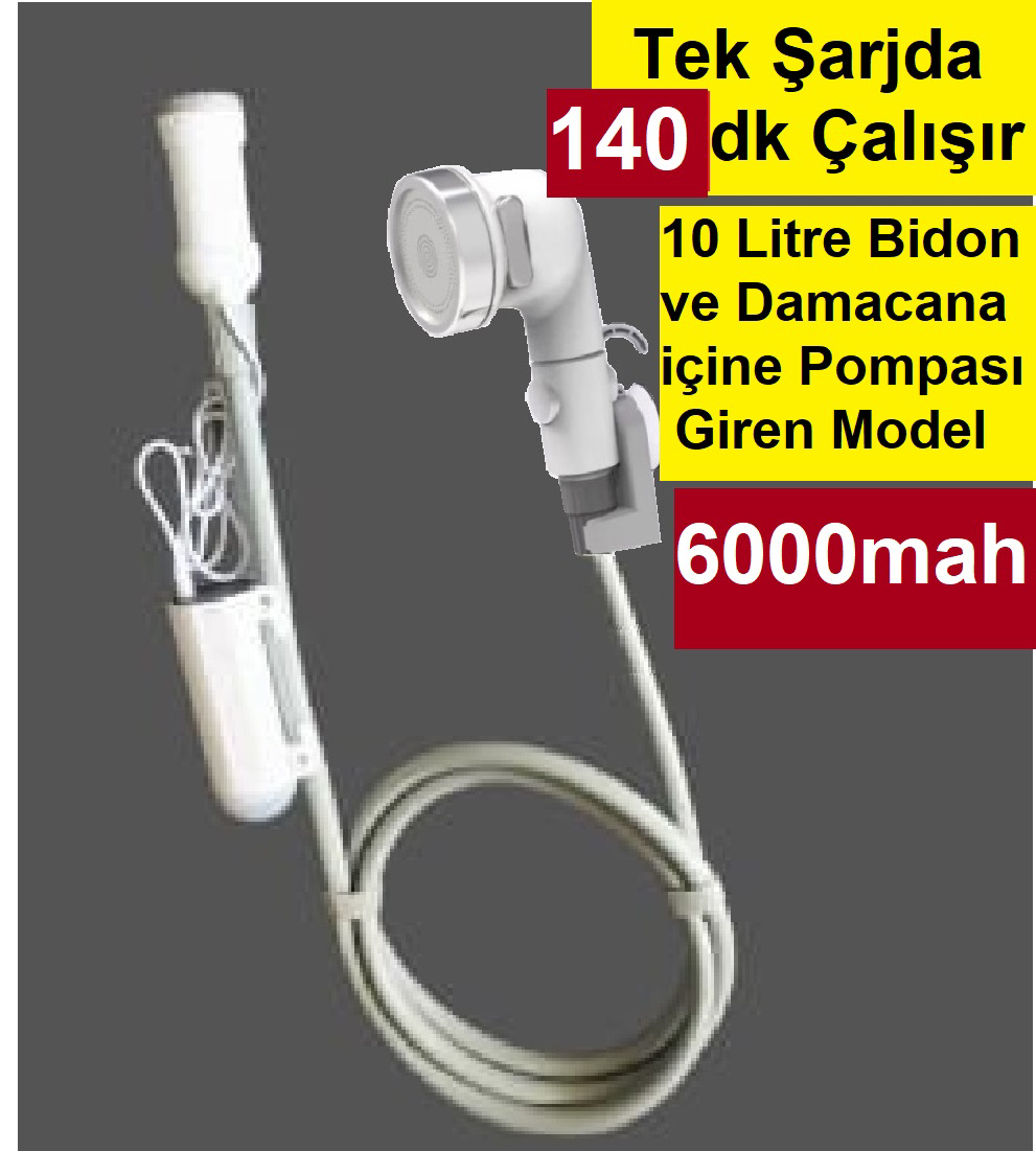 Portatif duş 10 litrelik bidona damacanaya giren pompa 140 dakika tek şarjla çalışır kamp duşu Portatif duş 10 litrelik bidona damacanaya giren pompa 140 dakika tek şarjla çalışır kamp duşu