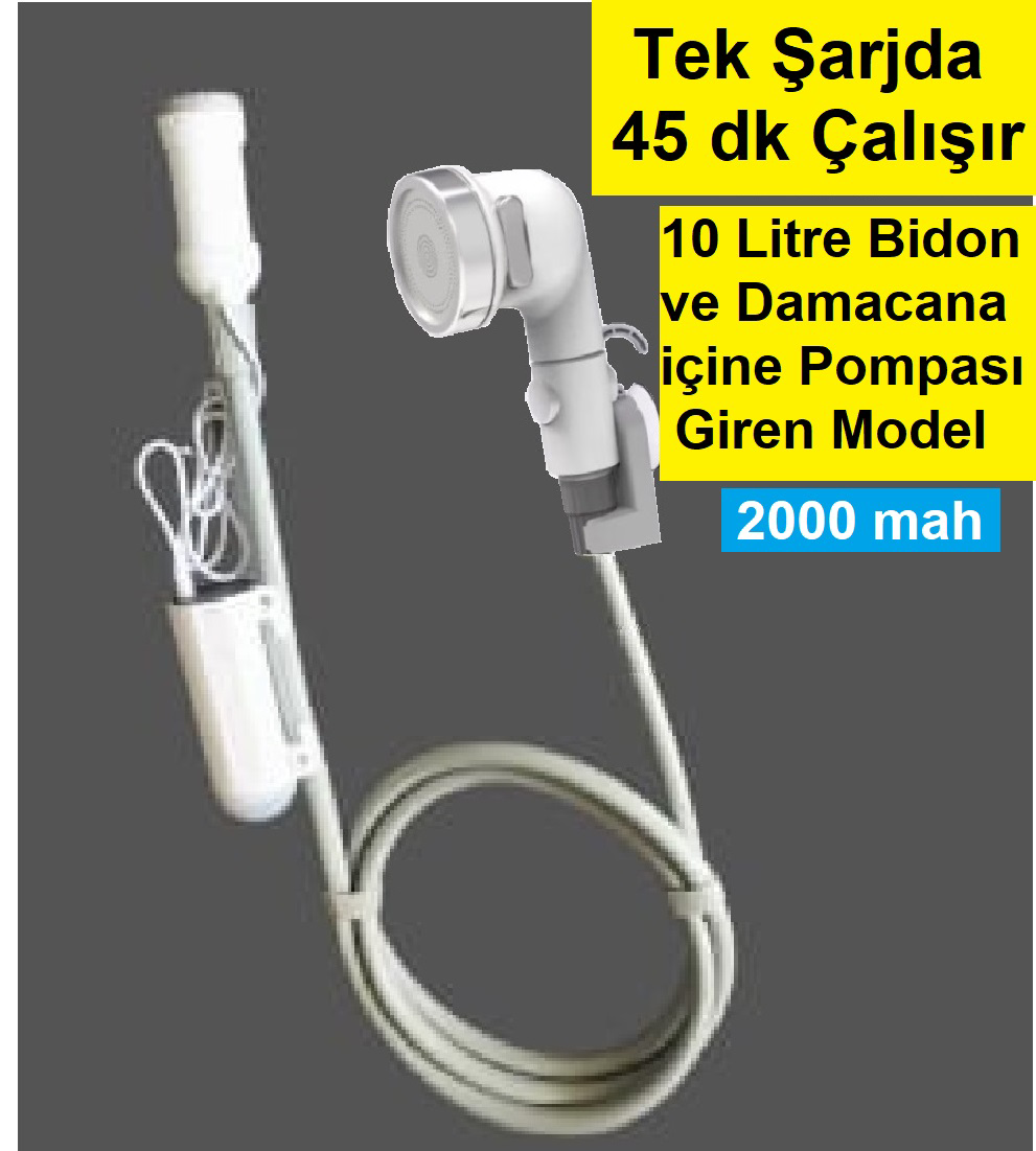 Portatif duş 10 litrelik bidona damacanaya giren pompa 45 dakika tek şarjla çalır kamp duşu Portatif duş 10 litrelik bidona damacanaya giren pompa 45 dakika tek şarjla çalır kamp duşu