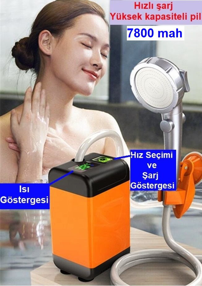 Portatif Kamp Duşu 3 farklı basınç ayarlı ısı ve şarj göstergeli 7800 mah şarj edilebilir Portatif Kamp Duşu 3 farklı basınç ayarlı ısı ve şarj göstergeli 7800 mah şarj edilebilir