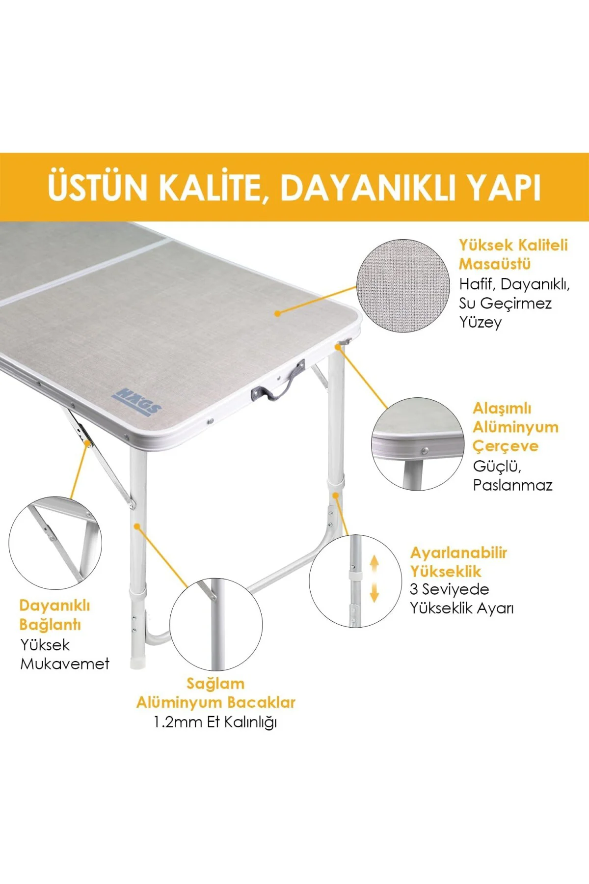 Portatif Kamp Masası, 3 Yükseklik Ayarlı, Katlanır Piknik Masası,