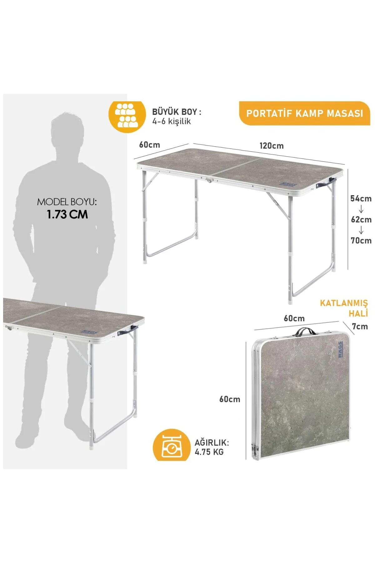 Portatif Kamp Masası, 3 Yükseklik Ayarlı, Katlanır Piknik Masası,