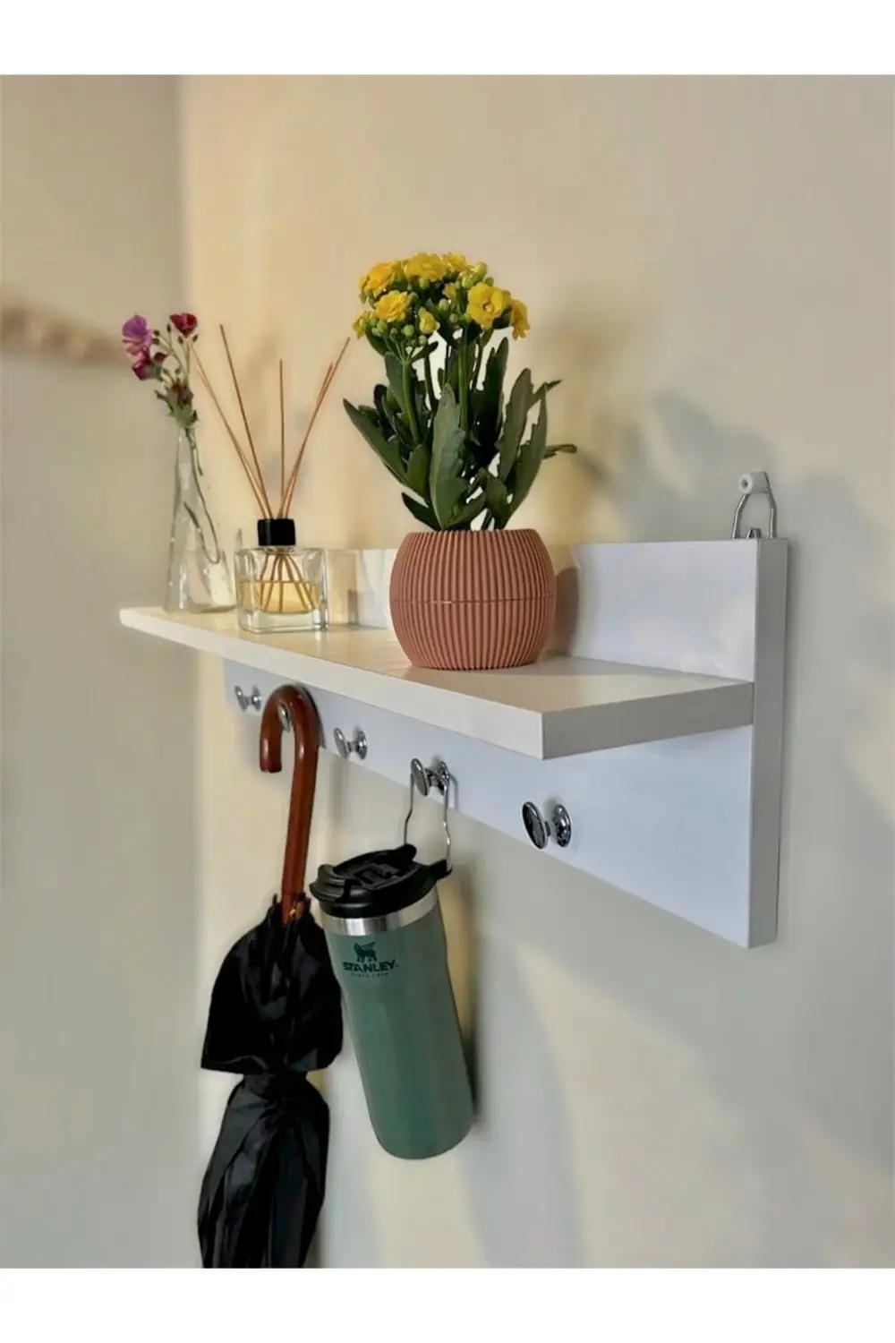 Portmanto Beyaz Duvar Askılığı Dekoratif Elbise Askılığı Raflı As