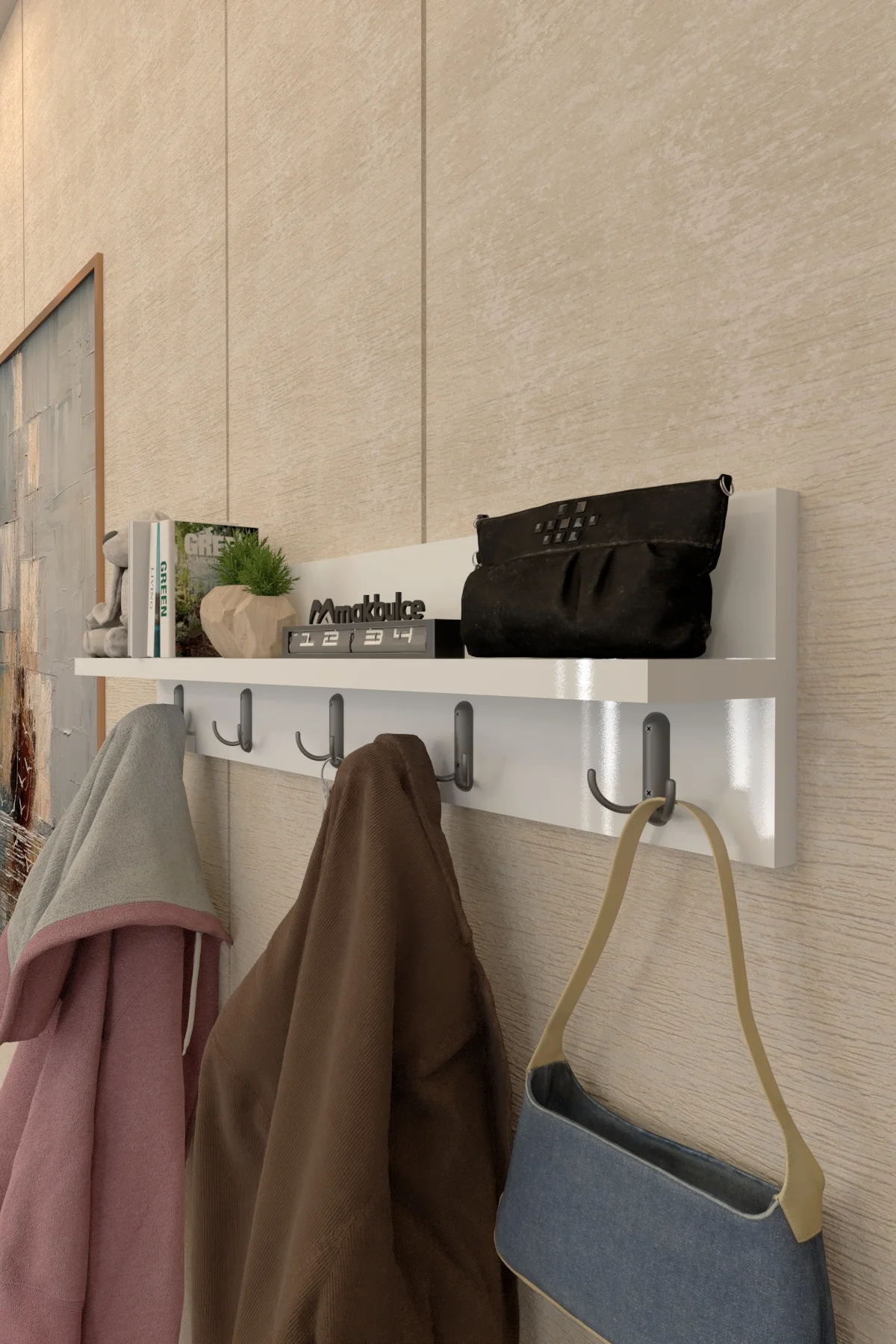 Portmanto Duvar Askılığı Raflı Elbise Askılığı Beyaz 80 cm