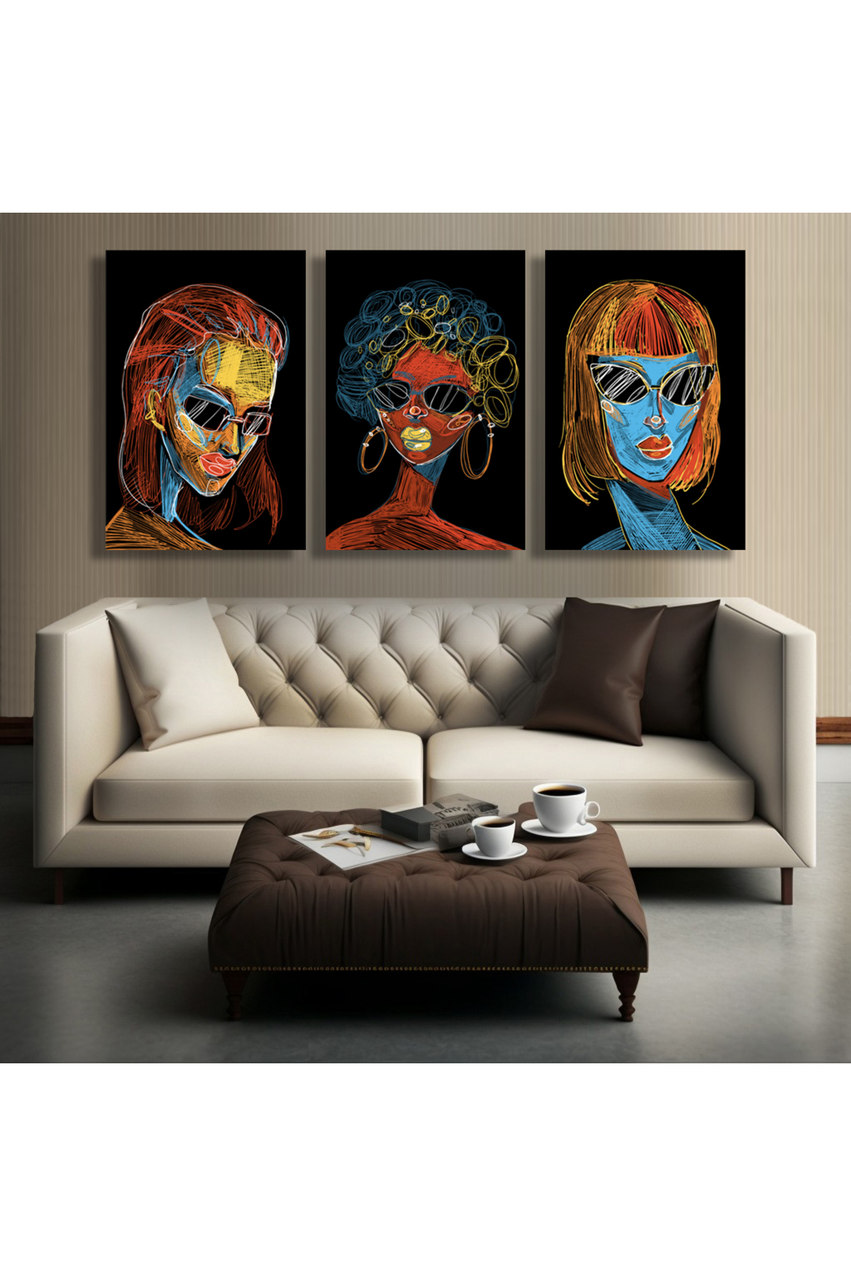 Korkmazkanvas Portre Kadın Ezoterik Hayal Gücü Duvar Sanatı. 3'Lü Kanvas Tablo