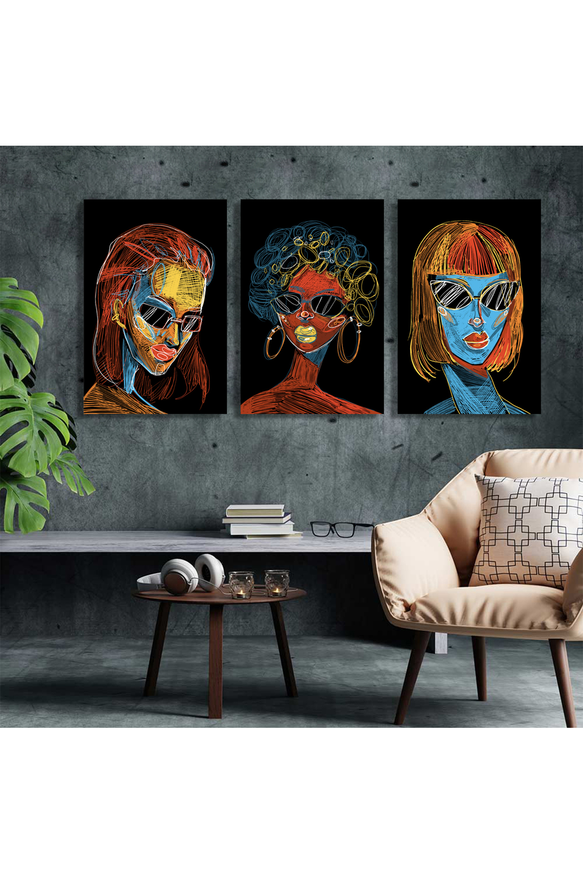 Korkmazkanvas Portre Kadın Ezoterik Hayal Gücü Duvar Sanatı. 3'Lü Kanvas Tablo